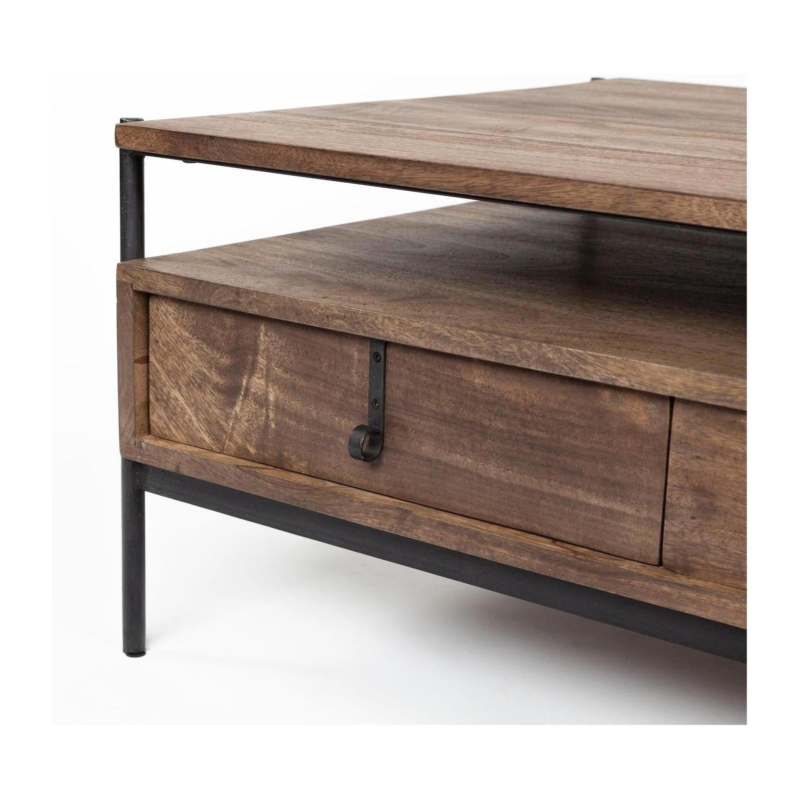 Mercana Glenn Dark Brown Wood w/ Black Iron Frame, Rectangle 3 Drawers Coffee Table