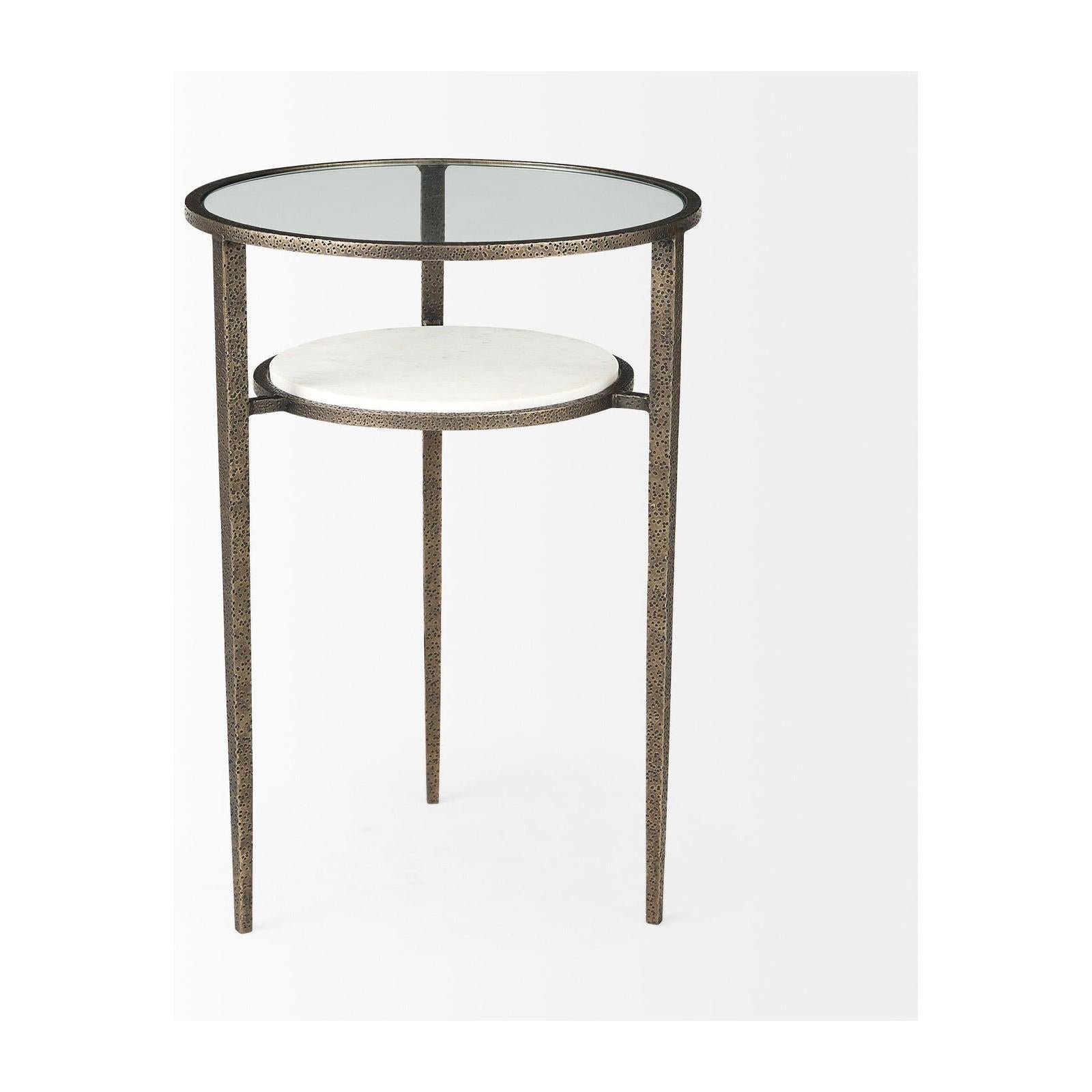 Mercana Felicity Glass Top W/ White Marble Shelf and Antique Gold Base End/Side Table