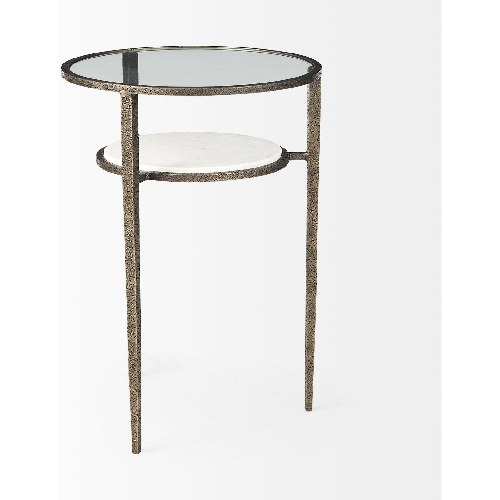 Mercana Felicity Glass Top W/ White Marble Shelf and Antique Gold Base End/Side Table