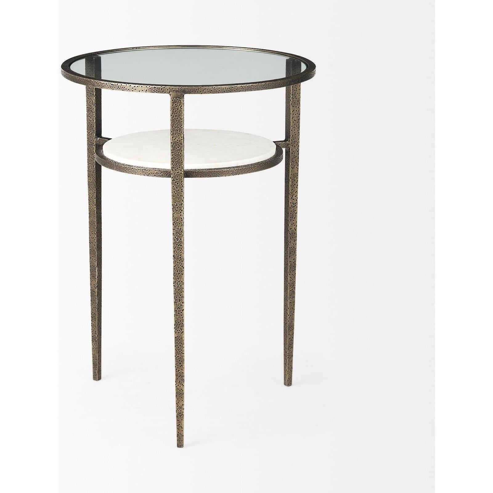 Mercana Felicity Glass Top W/ White Marble Shelf and Antique Gold Base End/Side Table
