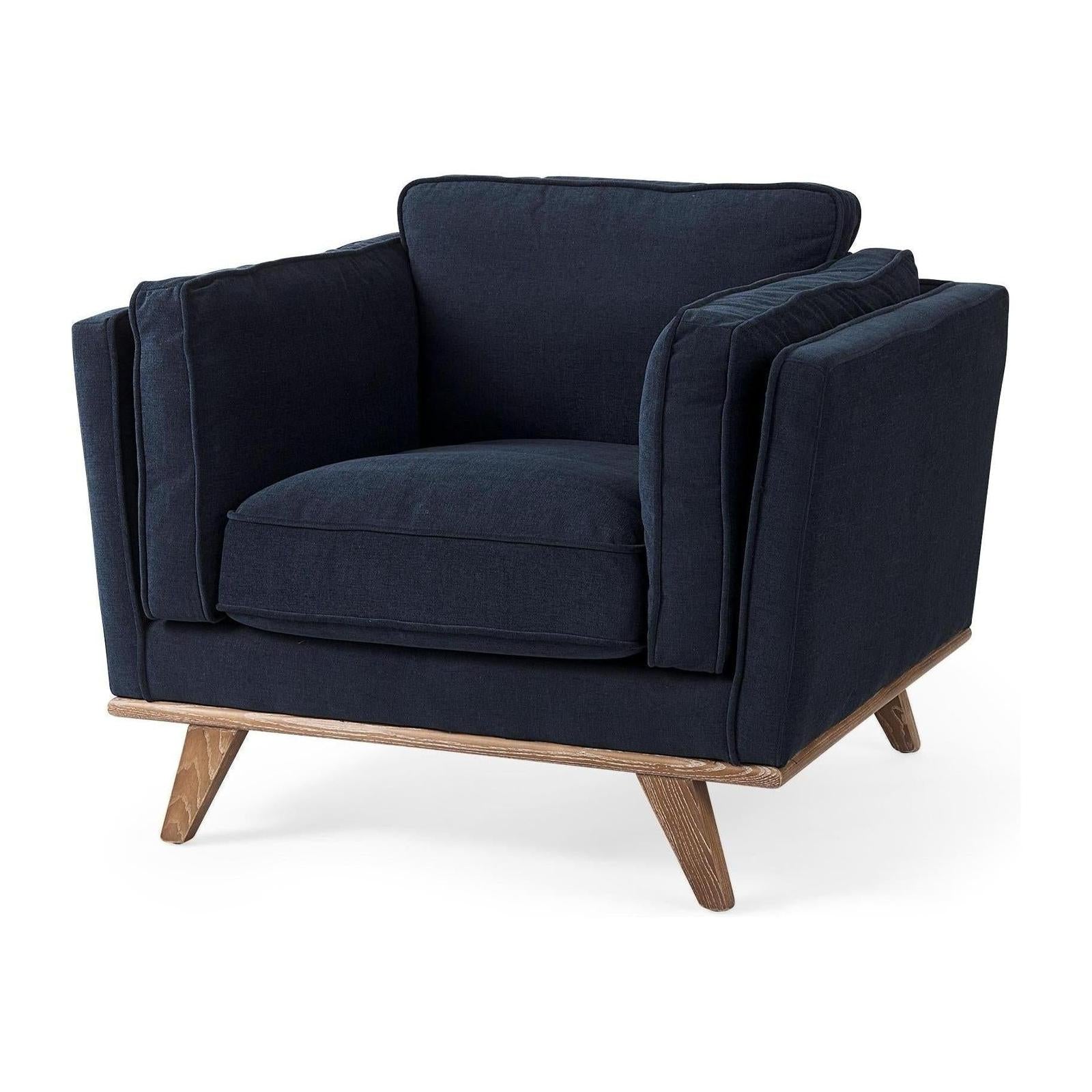 Mercana Brooks Navy Blue Fabric Chair W/ Medium Brown Wooden Legs Clearance