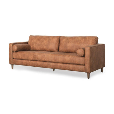 Mercana Loretta Cognac Brown Faux Leather 3- Seater Sofa with Two Bolster Cushions Clearance