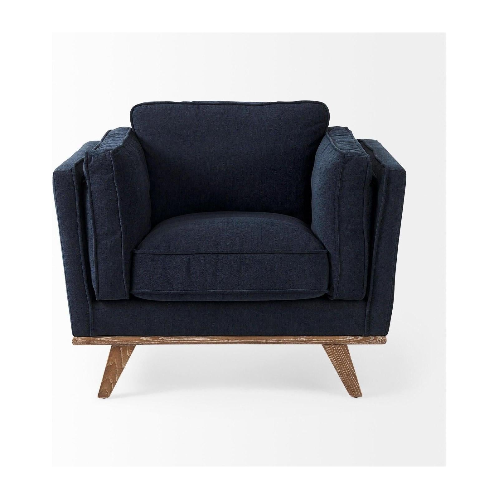 Mercana Brooks Navy Blue Fabric Chair W/ Medium Brown Wooden Legs Clearance