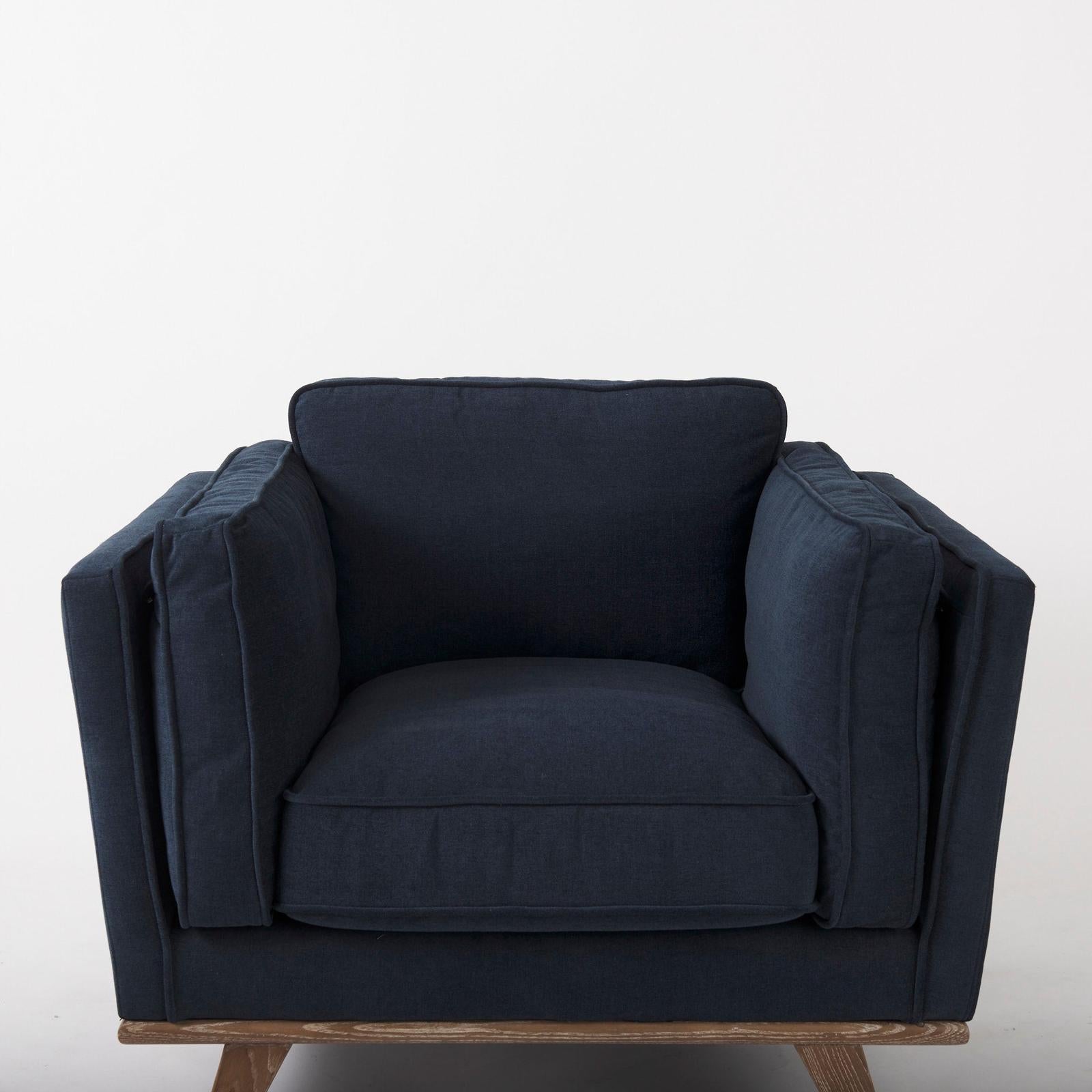 Mercana Brooks Navy Blue Fabric Chair W/ Medium Brown Wooden Legs Clearance