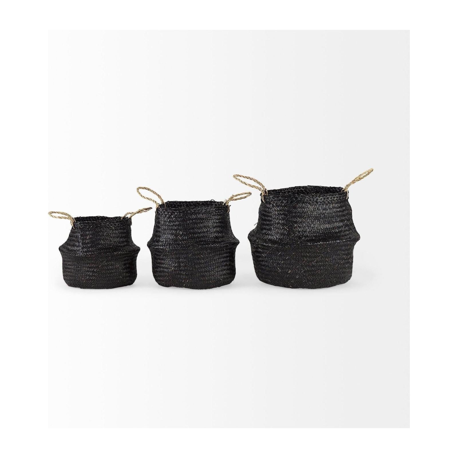 Mercana Ella Black Seagrass Basket W/ Light Brown Handles-Set of 3