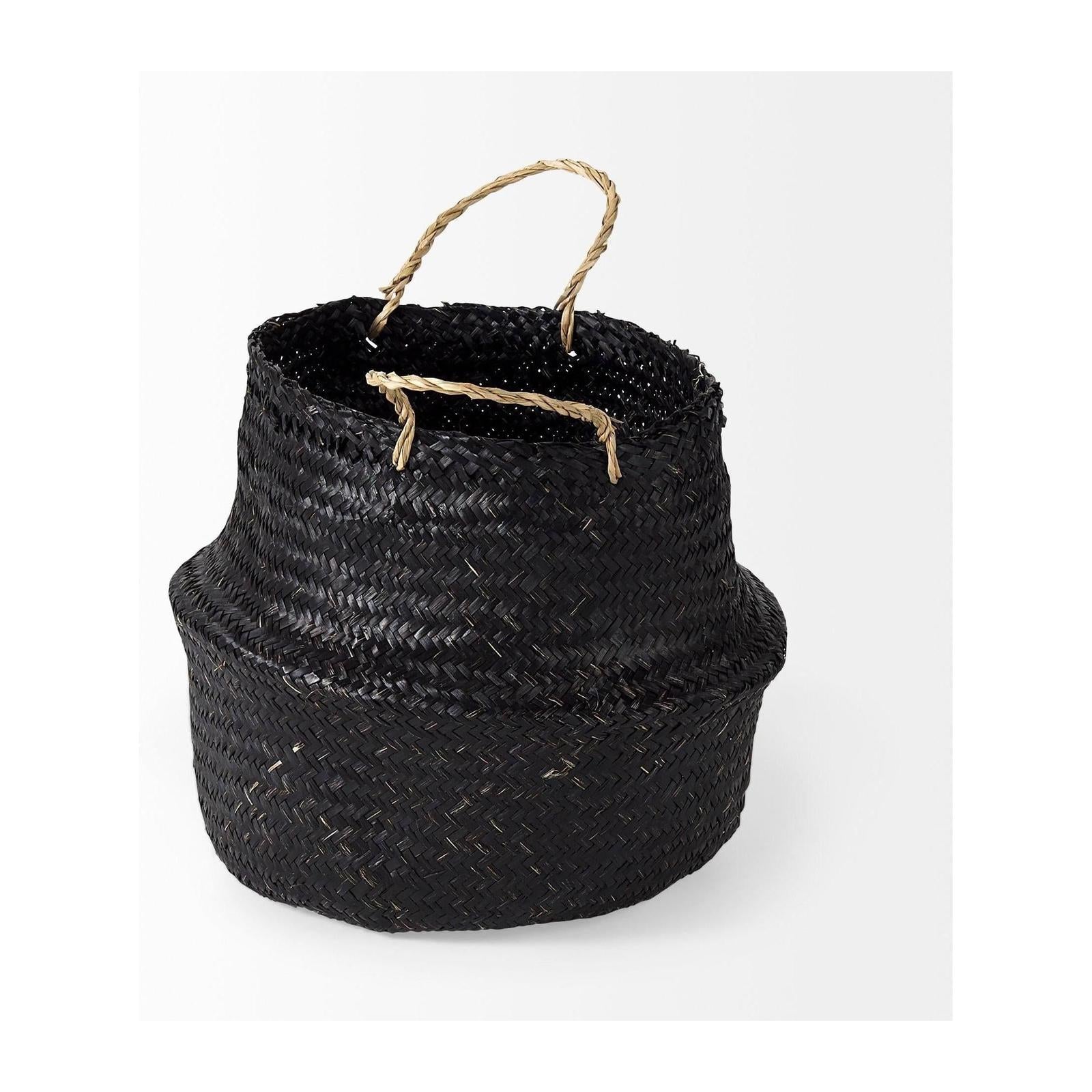 Mercana Ella Black Seagrass Basket W/ Light Brown Handles-Set of 3