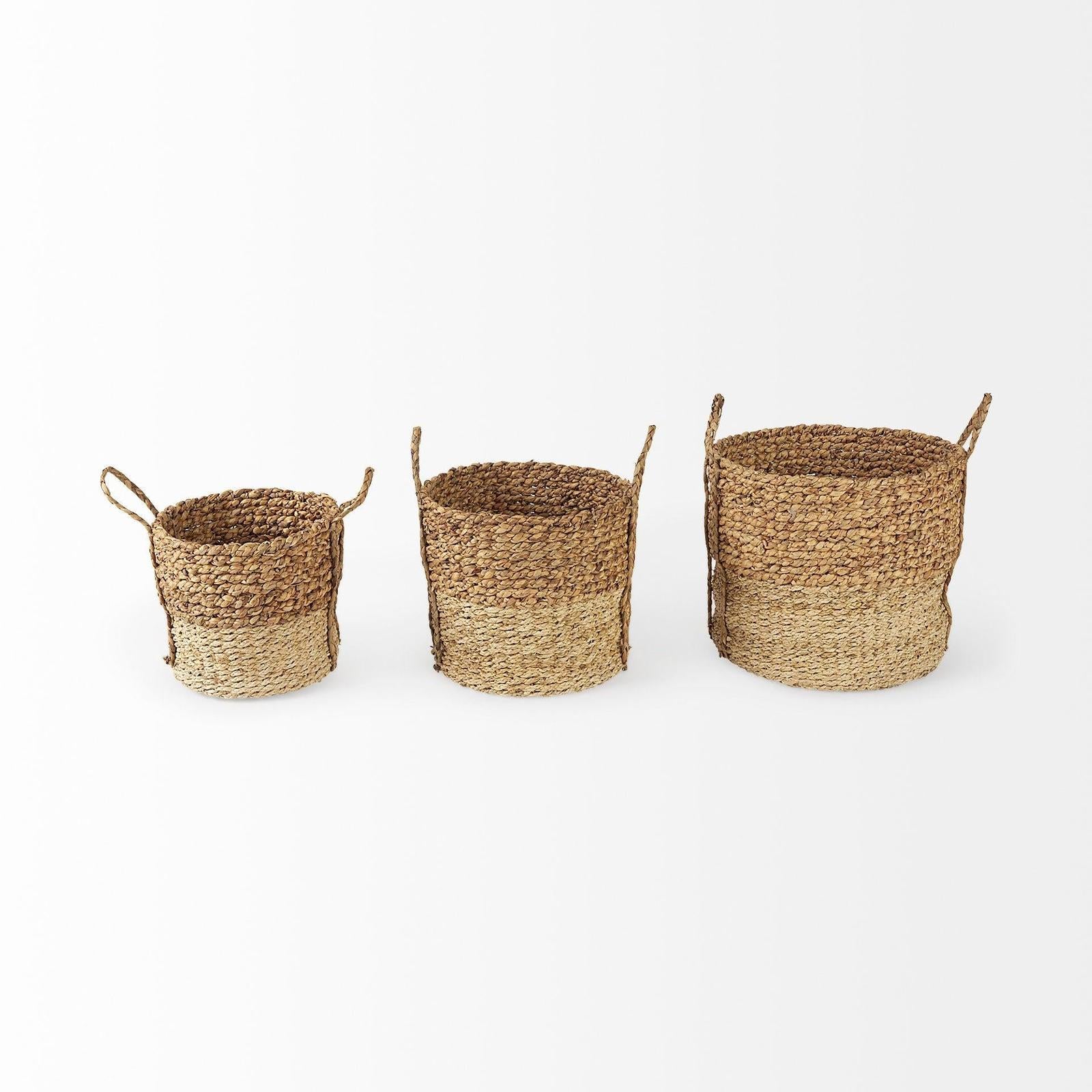 Mercana Morocco Brown Two Tone Water Hyacinth and Cornhusk Round Basket W/ Handles-Set of 3 Clearance