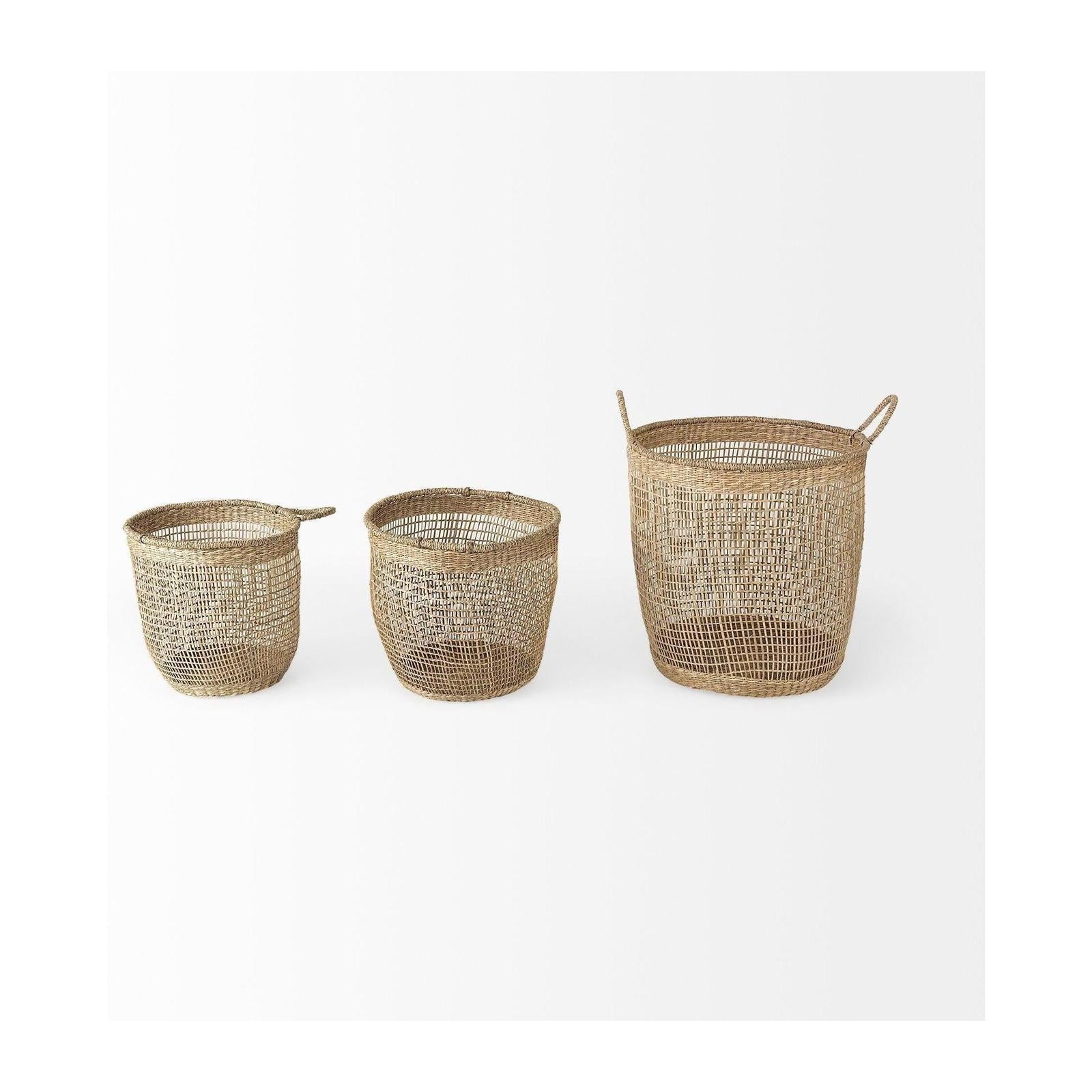 Mercana Bowie Medium Brown Seagrass Round Basket W/ Handles-Set of 3 Clearance