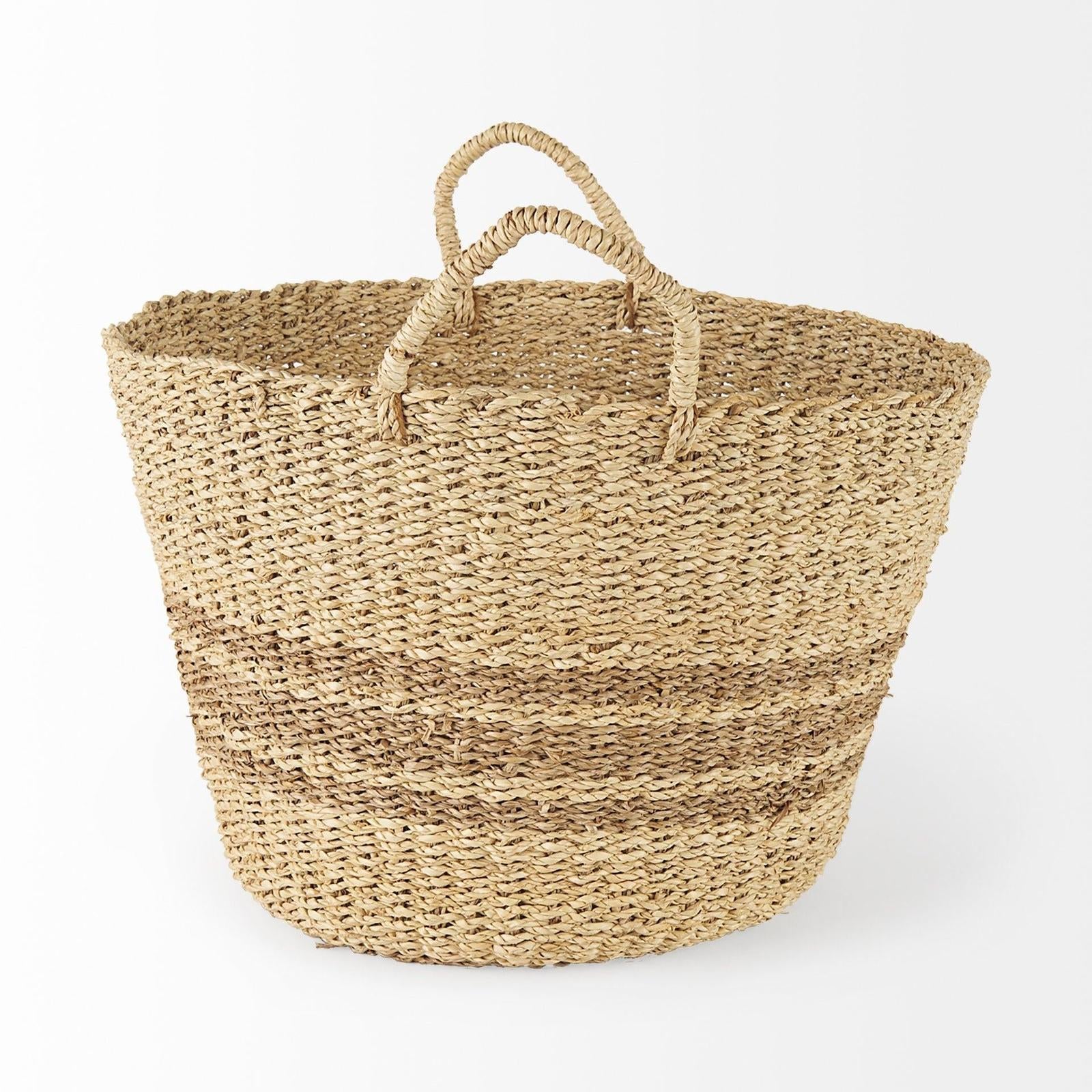 Mercana Vance Light Brown Palm Leaf and Seagrass Round Basket W/ Handles Clearance