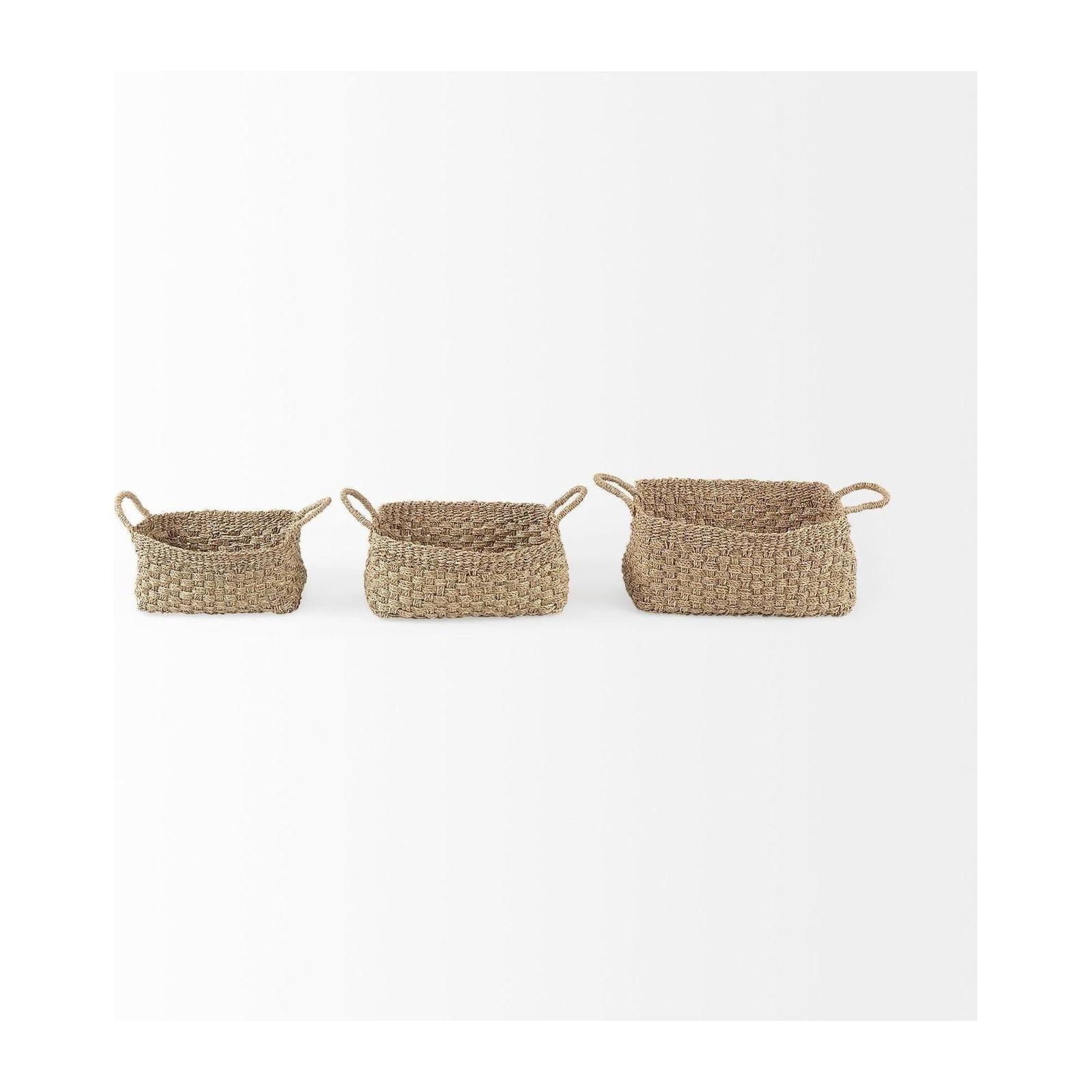 Mercana Emra Light Brown Seagrass Rectangular Basket W/ Handles-Set of 3