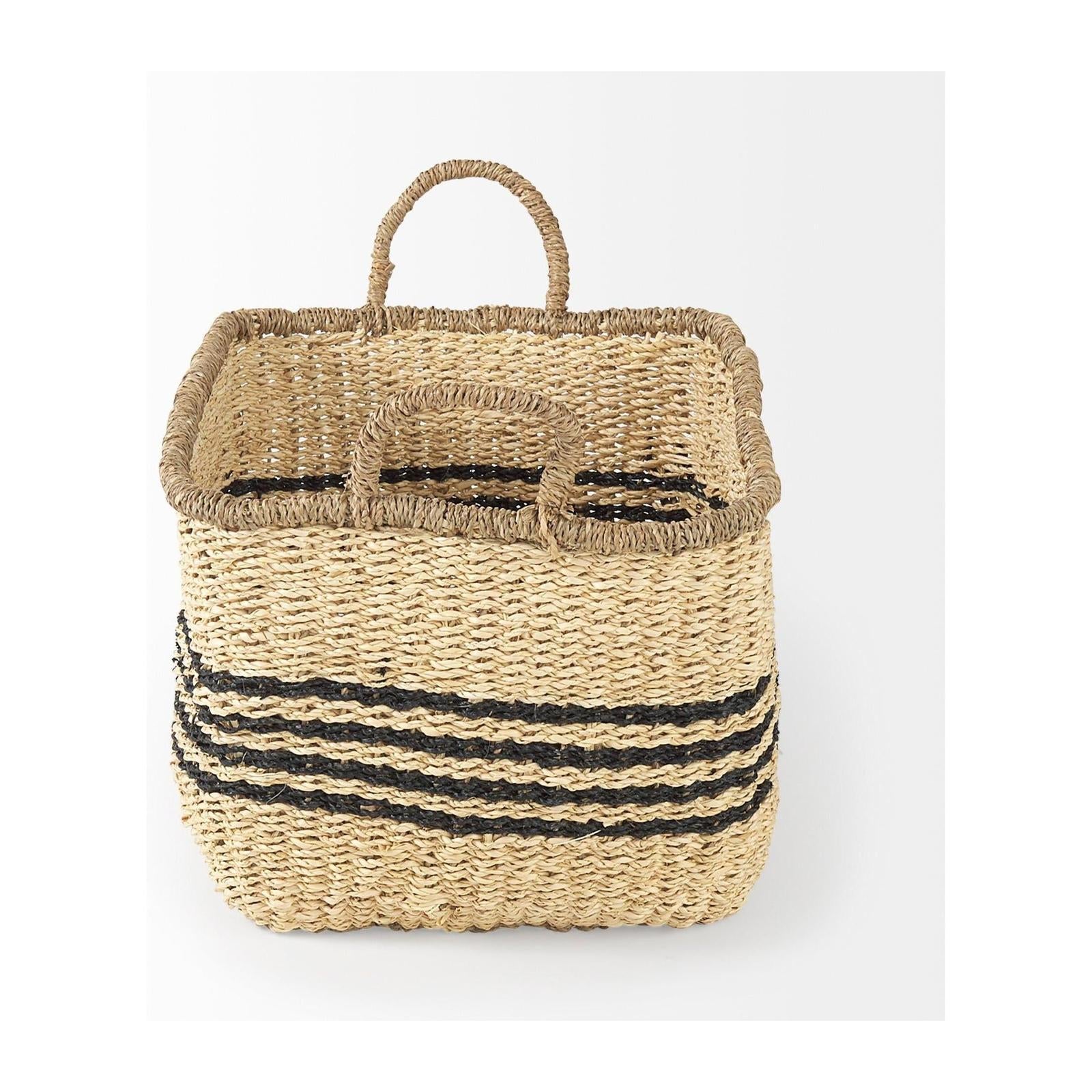 Mercana Emma Light Brown Seagrass Rectangular Basket W/ Black Stripes- Set of 2