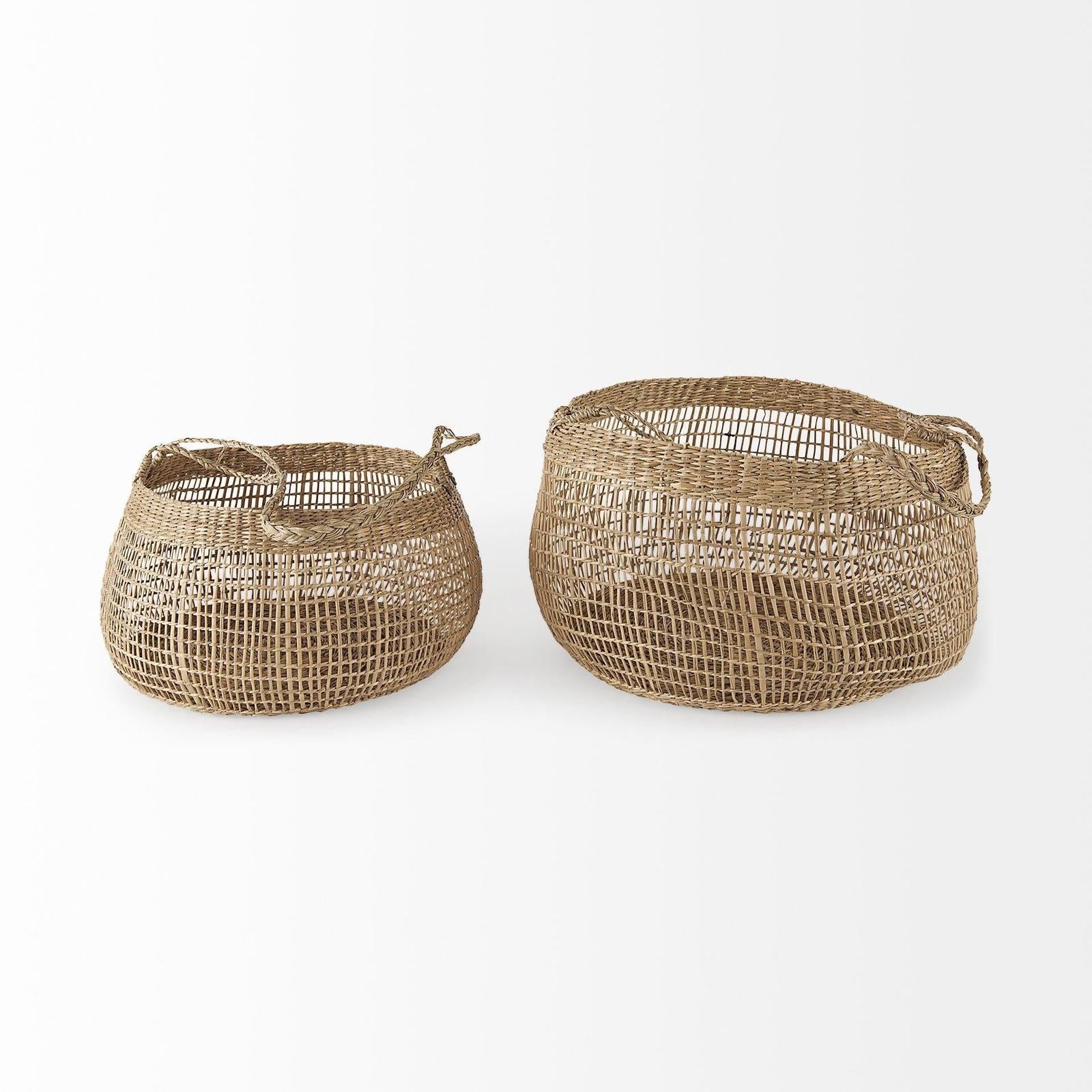 Mercana Nova Light Brown Seagrass Woven Round Basket W/ Long Handle - Set of 2 Clearance