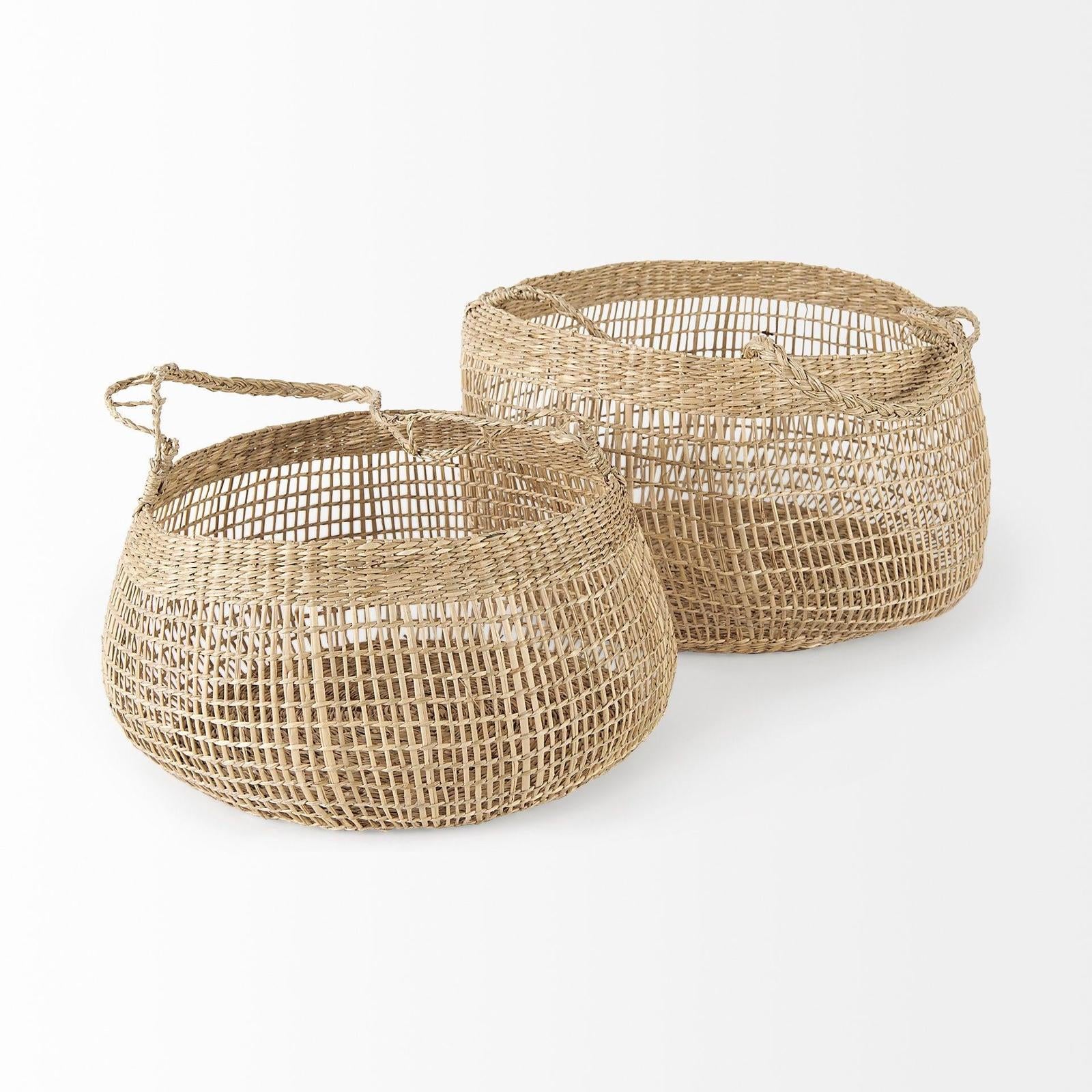 Mercana Nova Light Brown Seagrass Woven Round Basket W/ Long Handle - Set of 2 Clearance