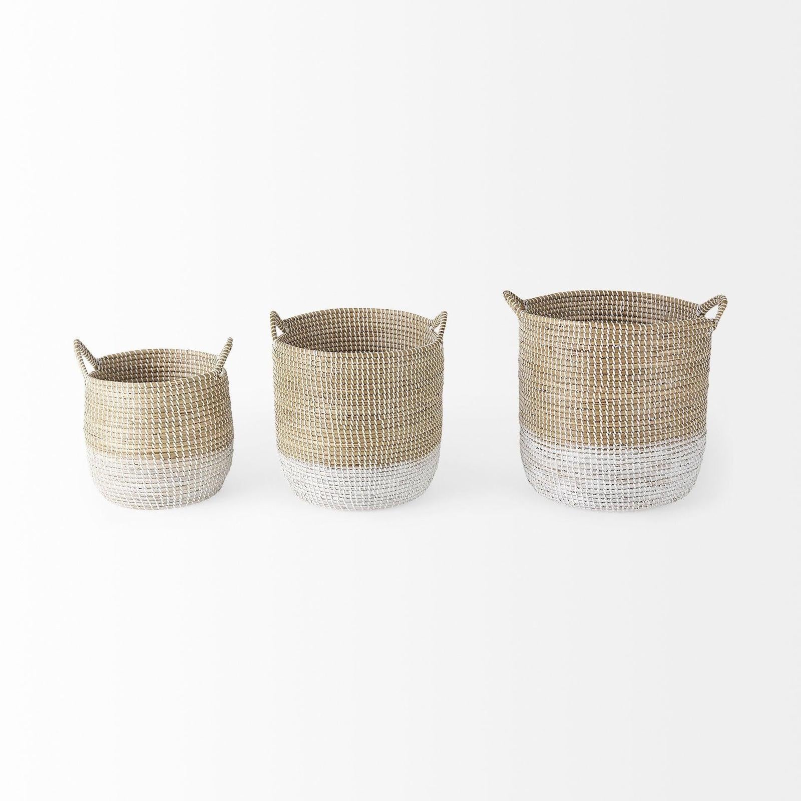 Mercana Maddie Light Brown W/White Dipped Seagrass Round Basket W/ Handles - Set of 3