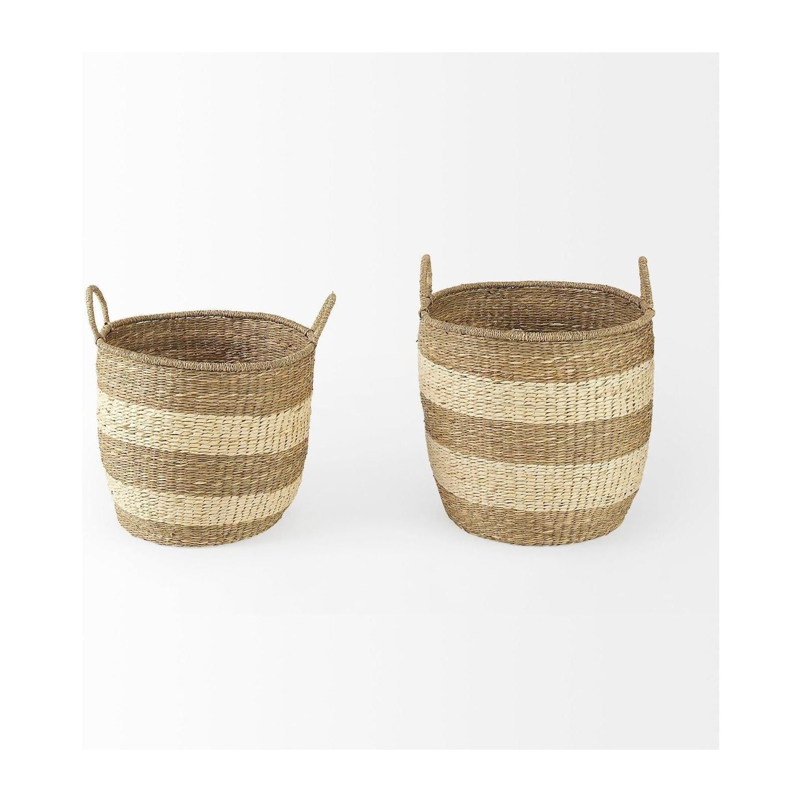 Mercana Bradley Light Brown W/Striped Seagrass Basket W/ Handles- Set of 2 Clearance