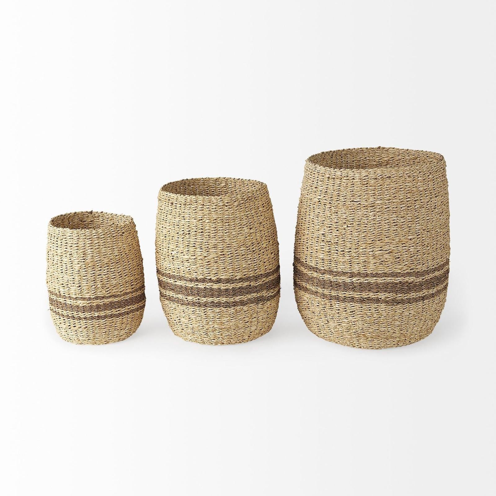 Mercana Sivannah Light Brown and Medium Brown Striped Seagrass Round Basket - Set of 3