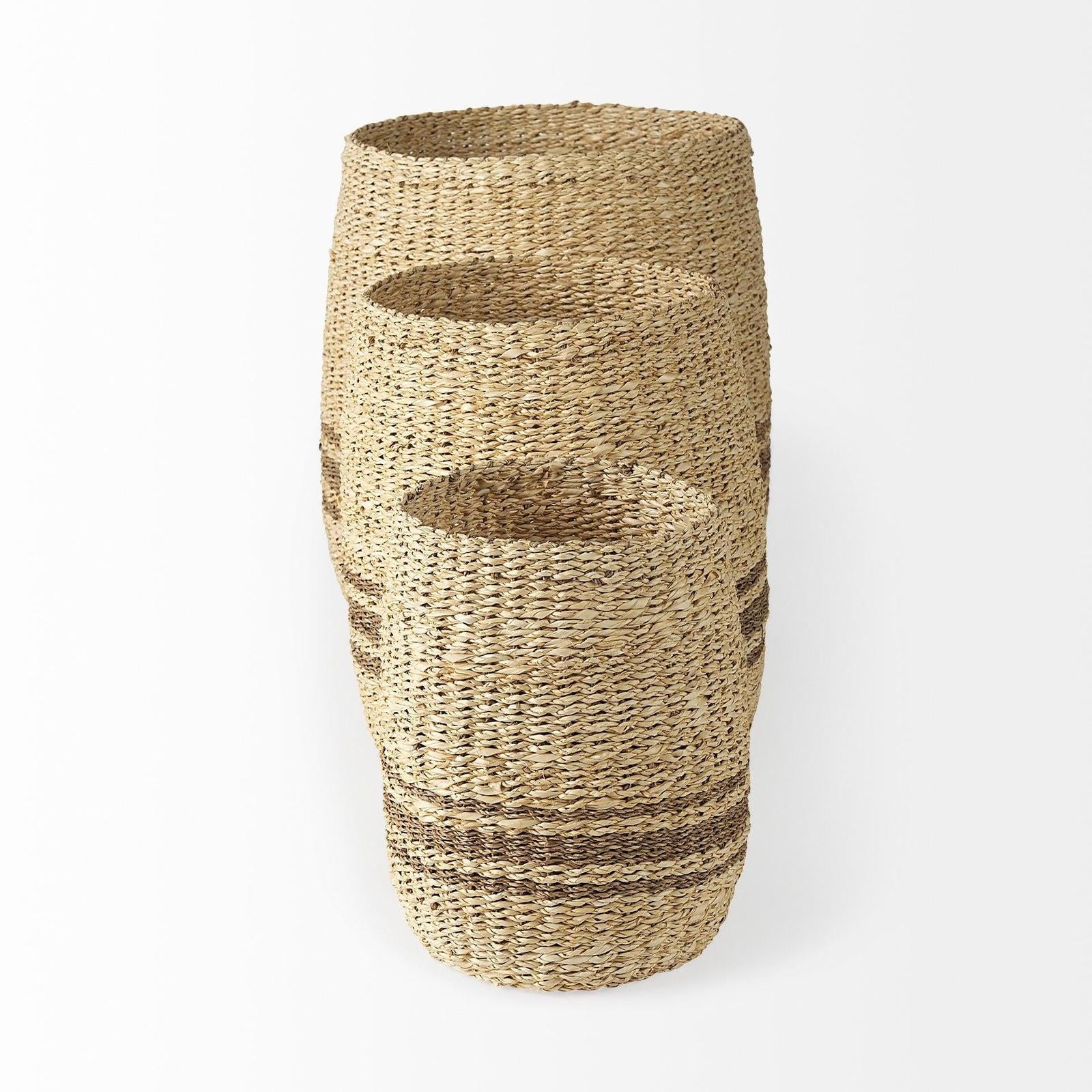 Mercana Sivannah Light Brown and Medium Brown Striped Seagrass Round Basket - Set of 3