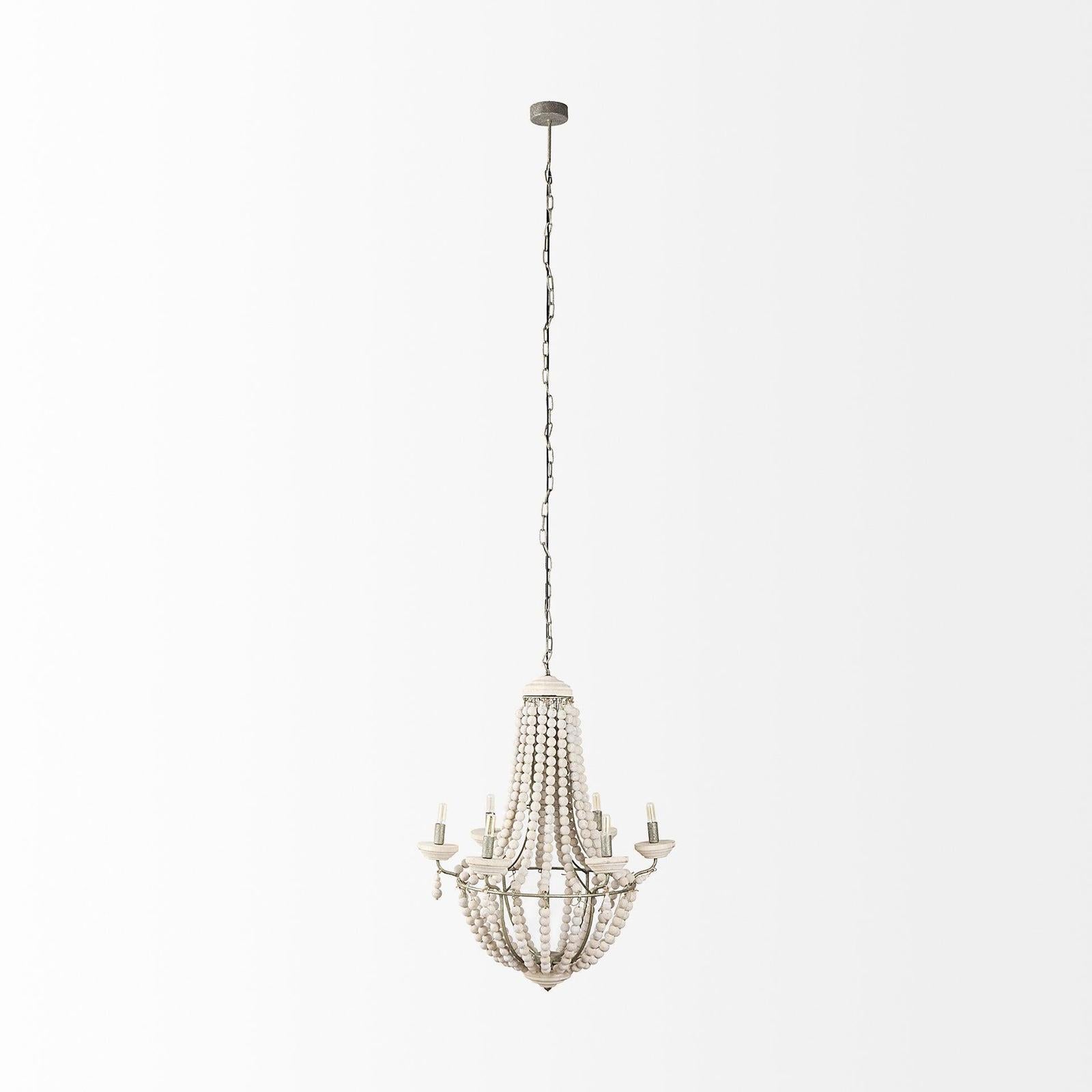 Mercana Phillum Silver Metal Chassis and White Wood Beaded Six Bulb Chandelier Clearance