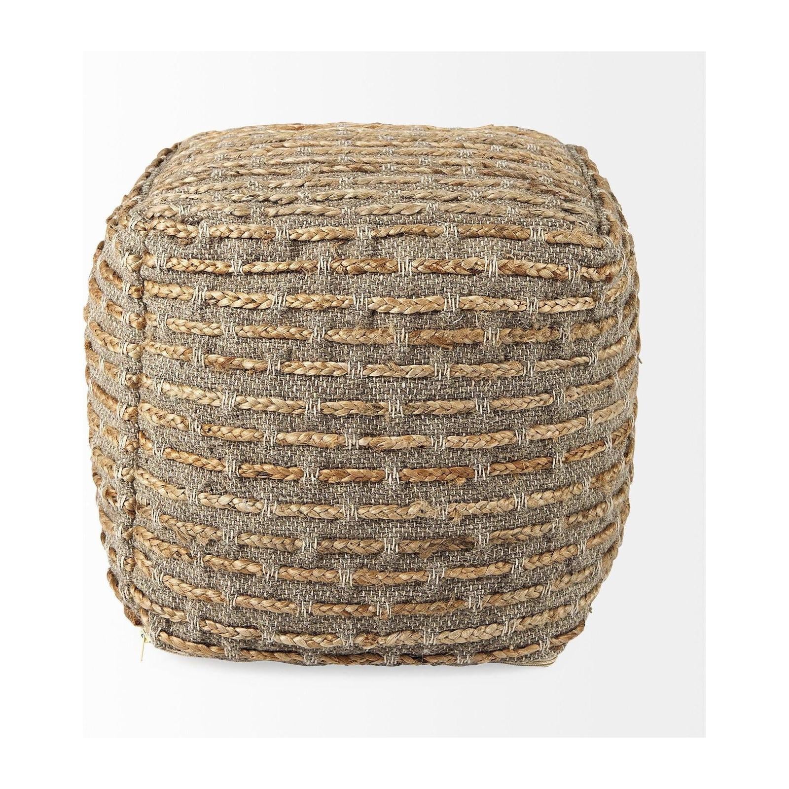 Mercana Binita Gray/Brown Hemp Wool and Cotton Pouf