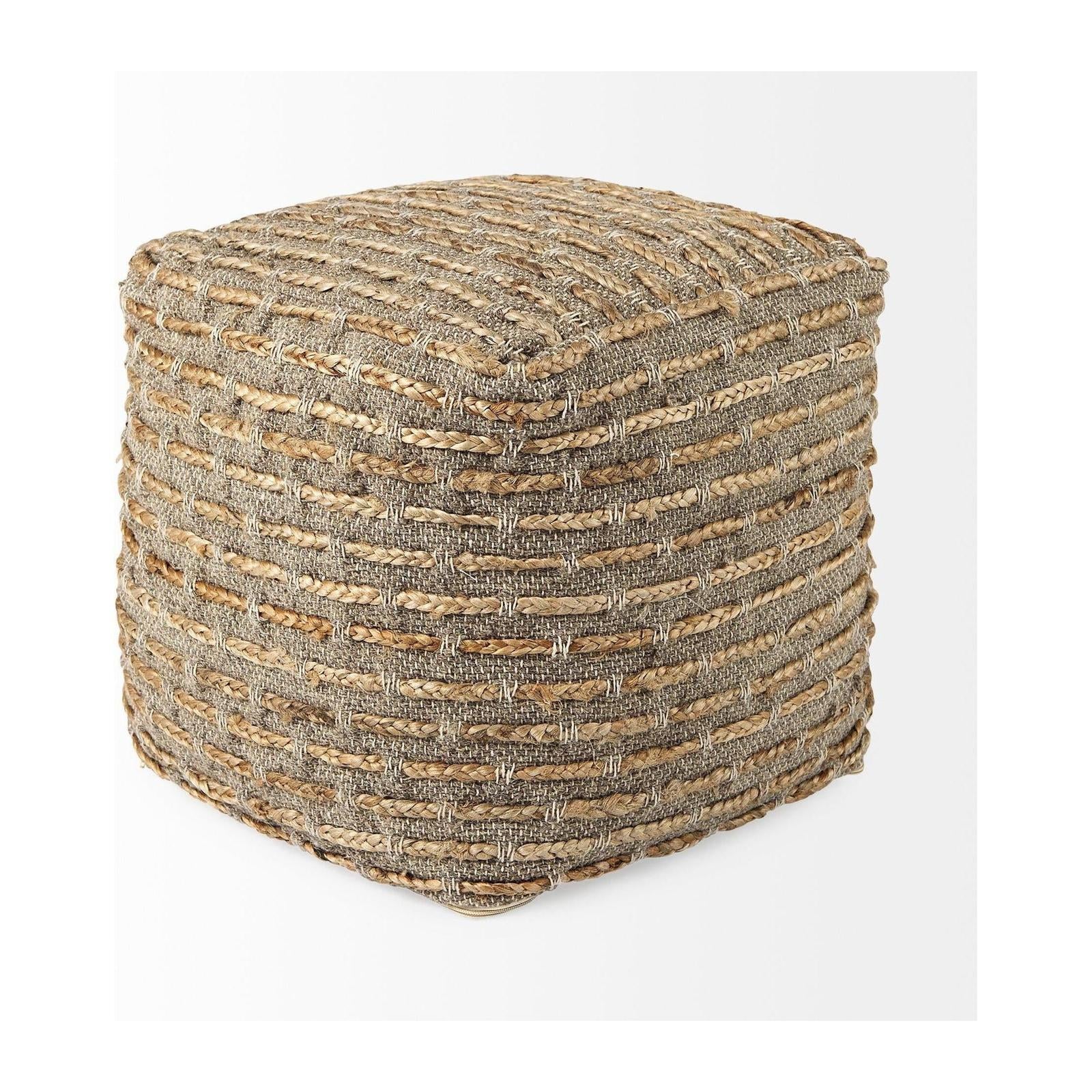 Mercana Binita Gray/Brown Hemp Wool and Cotton Pouf