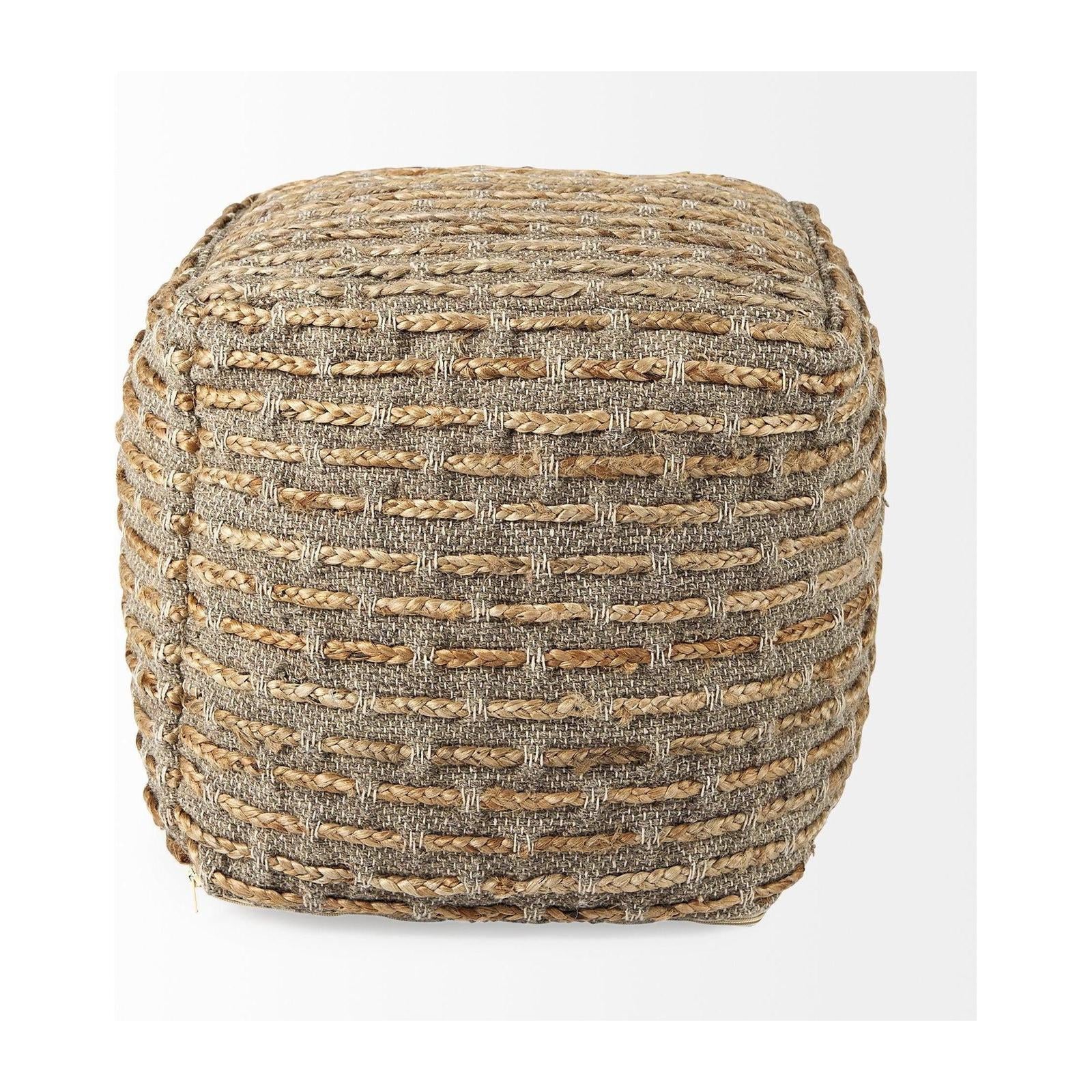 Mercana Binita Gray/Brown Hemp Wool and Cotton Pouf