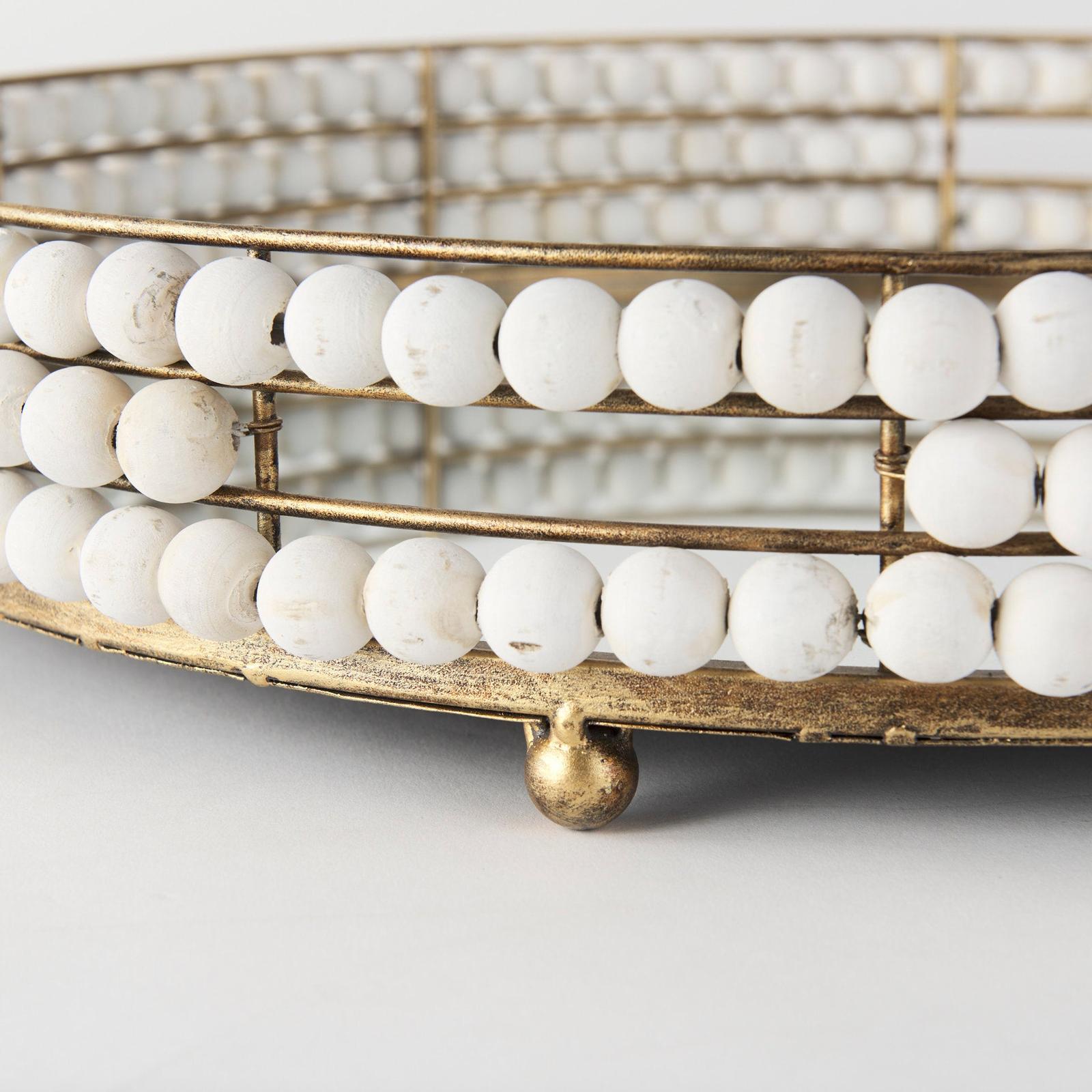 Mercana Decatur Wooden Bead Mirrored Bottom Round Tray Clearance