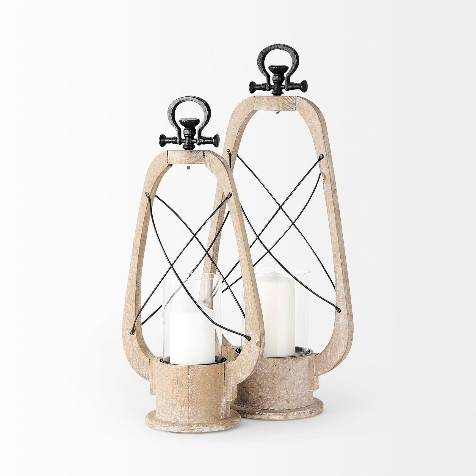 Mercana Zain Brown Wooden Vintage Inspired Candle Holder Lantern Clearance