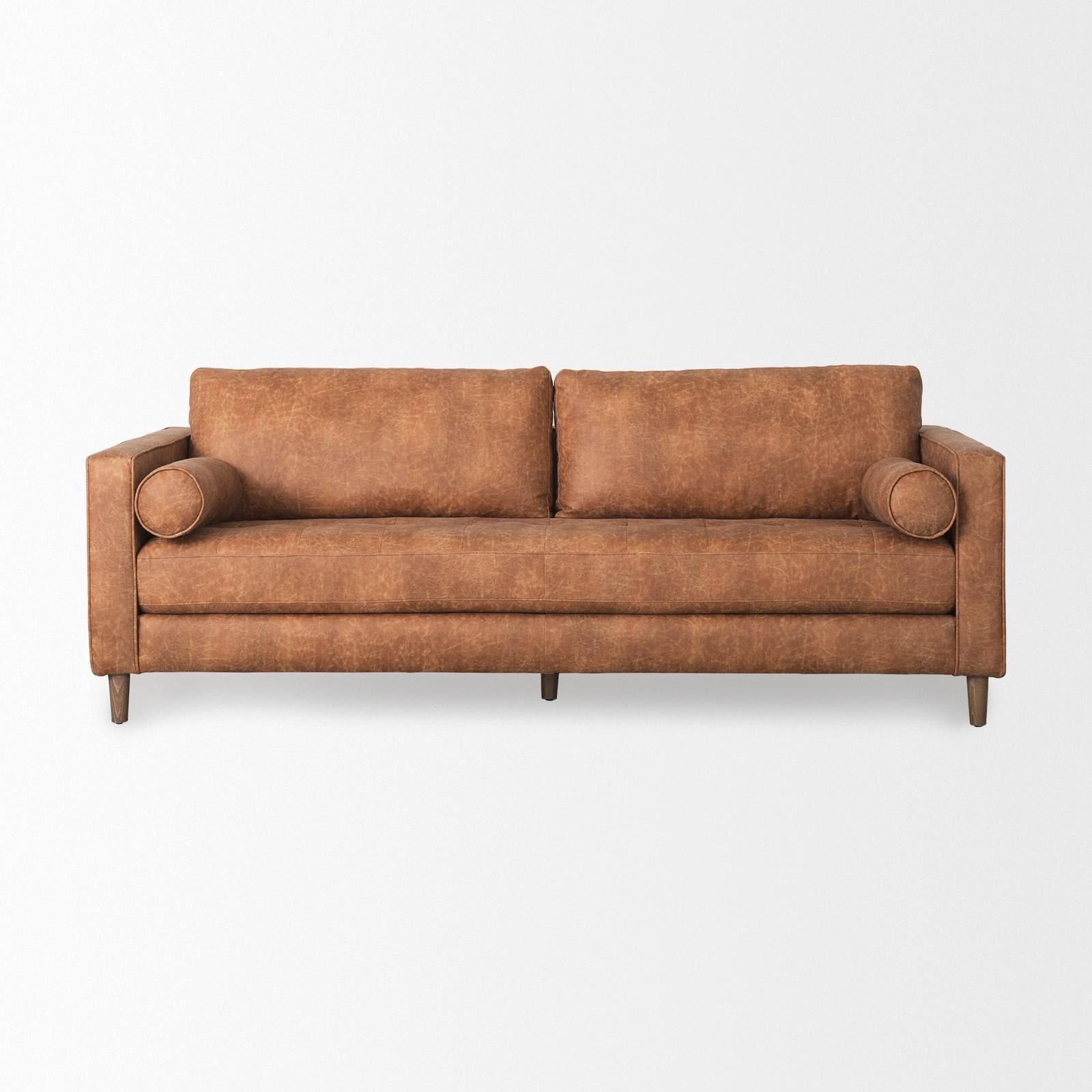 Mercana Loretta Cognac Brown Faux Leather 3- Seater Sofa with Two Bolster Cushions Clearance