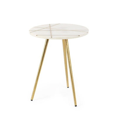 Mercana Vivienne White Marble W/Antique Gold Metal Round Side Table Clearance