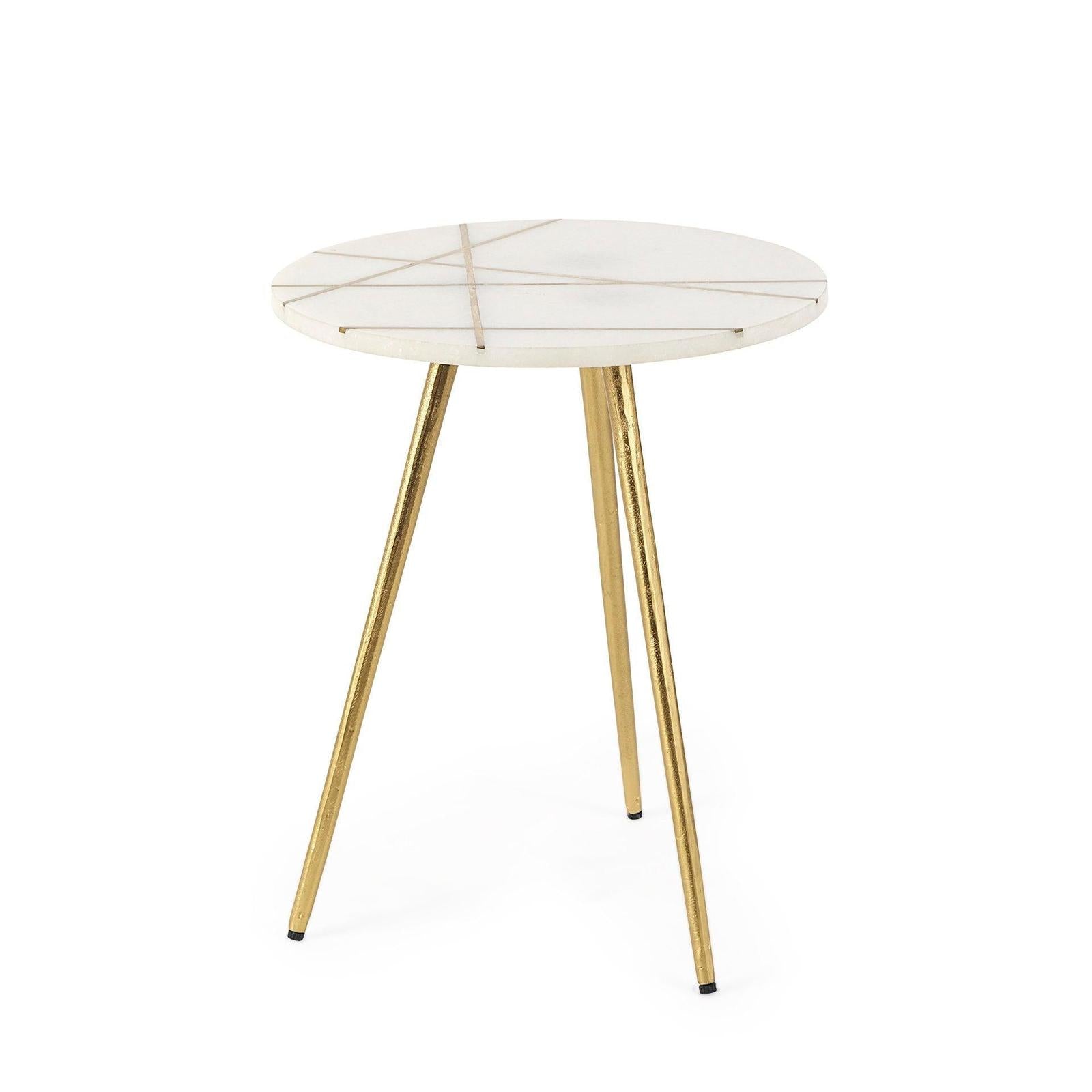 Mercana Vivienne White Marble W/Antique Gold Metal Round Side Table Clearance