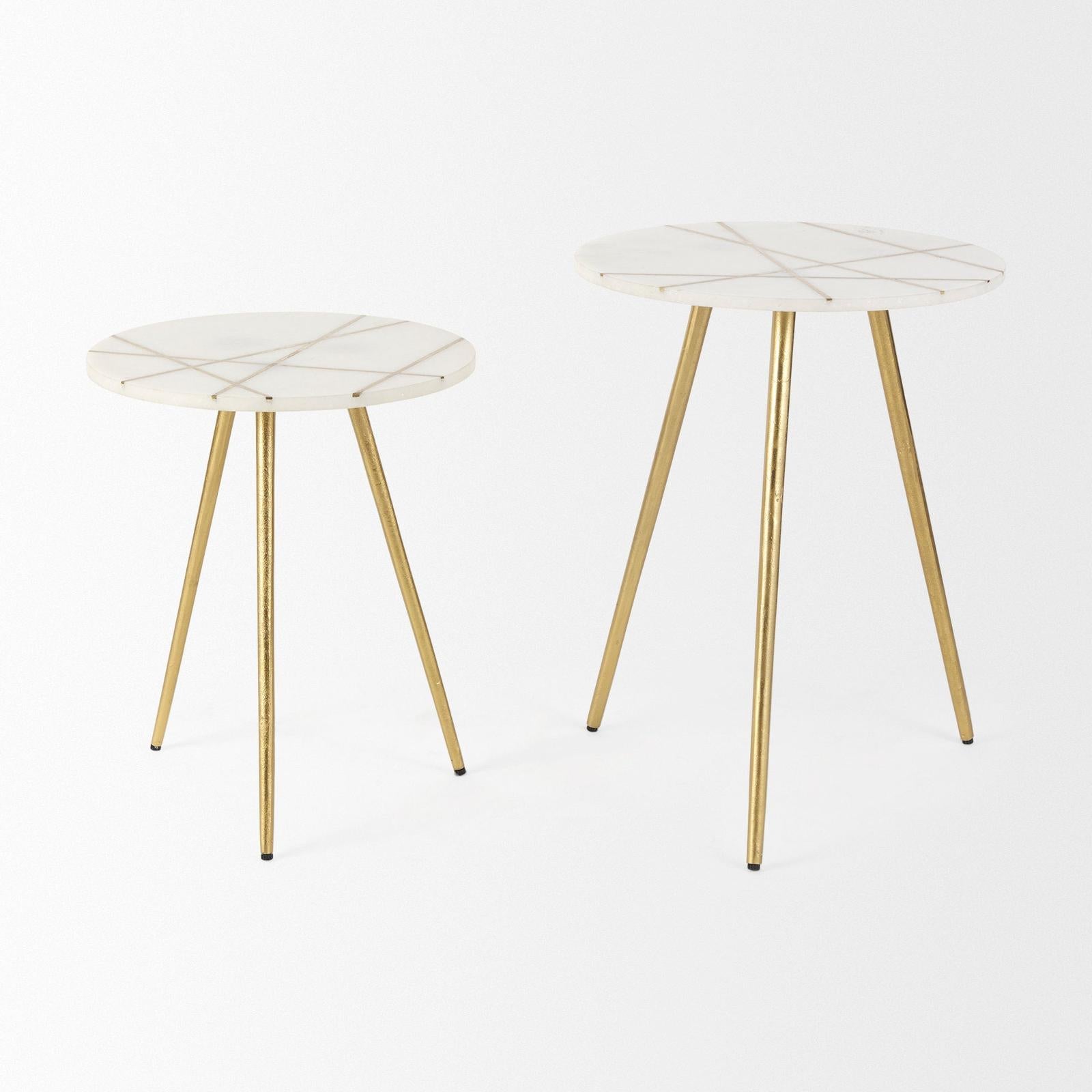 Mercana Vivienne White Marble W/Antique Gold Metal Round Side Table Clearance