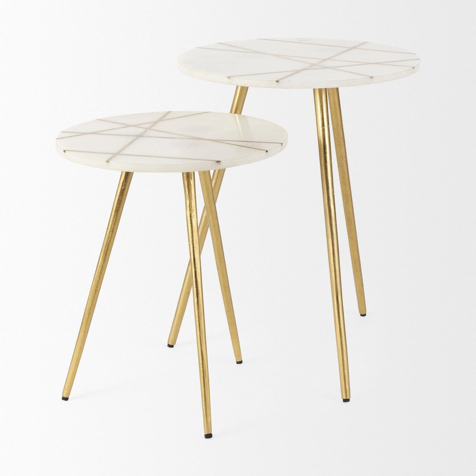 Mercana Vivienne White Marble W/Antique Gold Metal Round Side Table Clearance