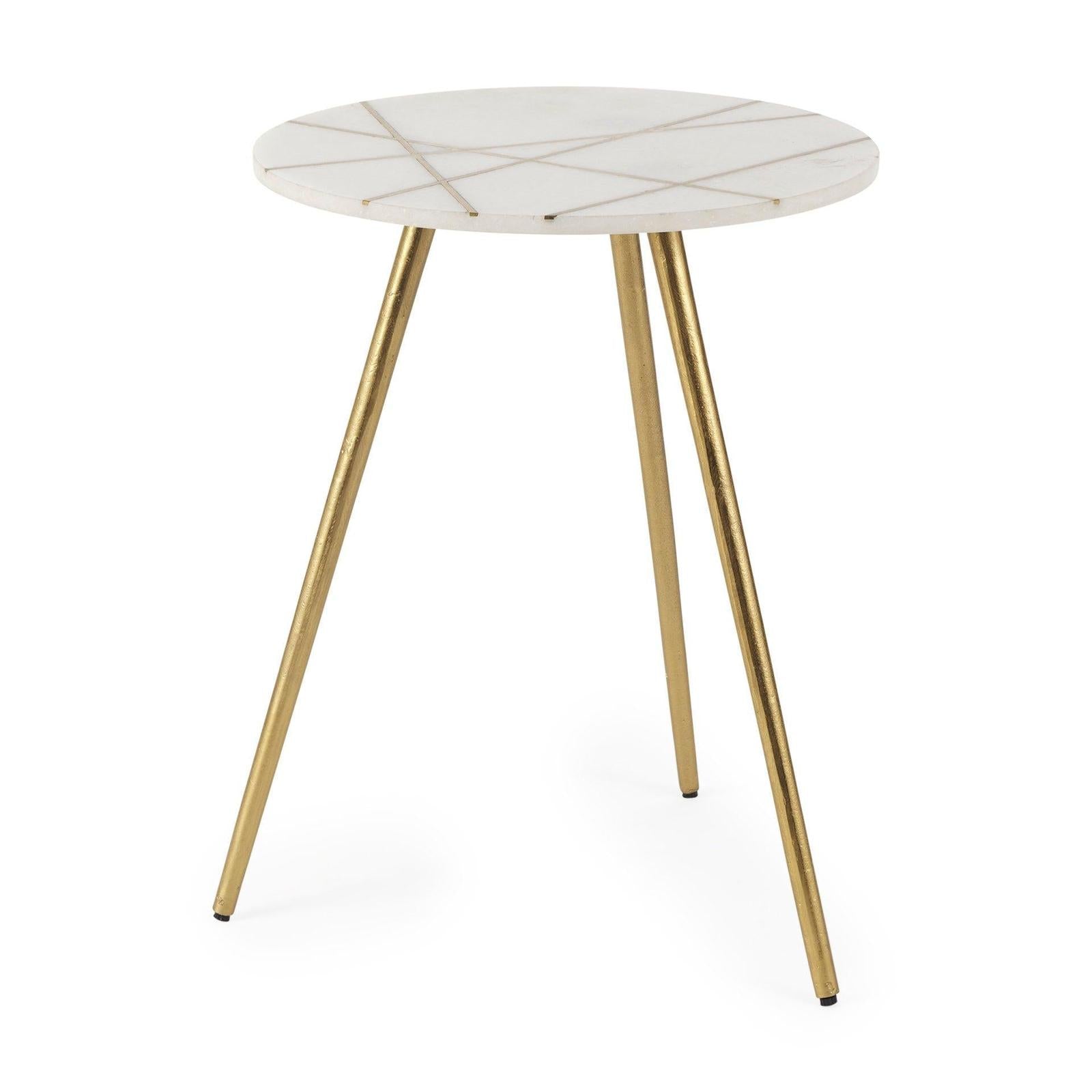 Mercana Vivienne White Marble W/Antique Gold Metal Round Side Table Clearance