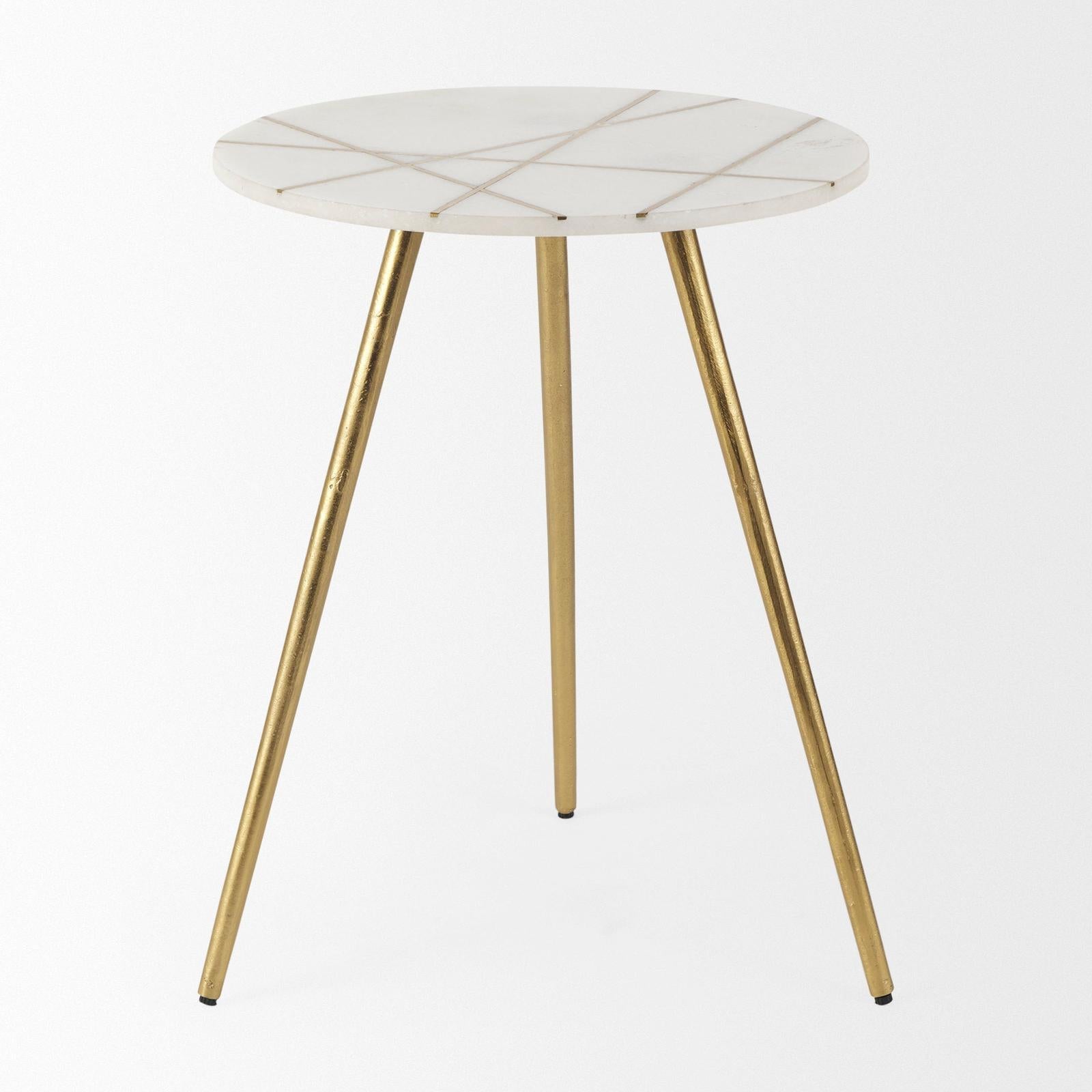 Mercana Vivienne White Marble W/Antique Gold Metal Round Side Table Clearance