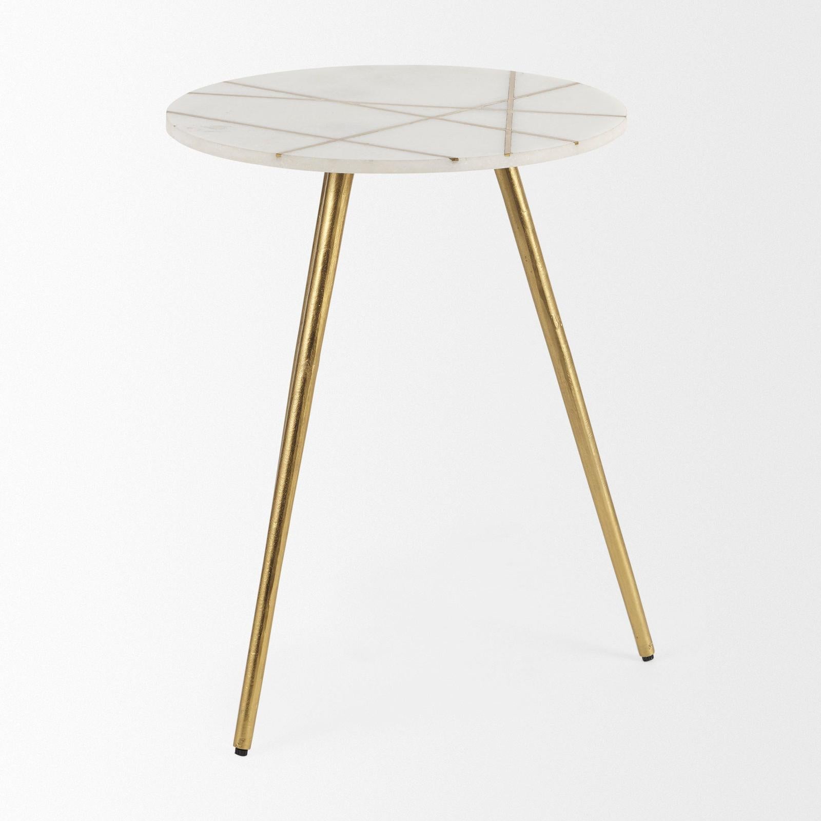 Mercana Vivienne White Marble W/Antique Gold Metal Round Side Table Clearance