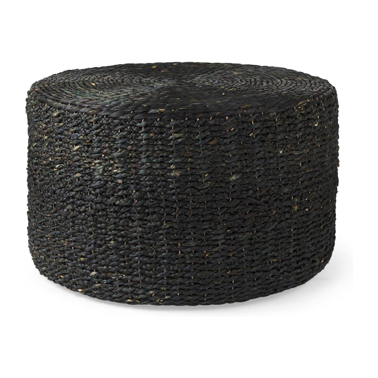Mercana Dina Black Cornhusk and Water Hyacinth Round Pouf