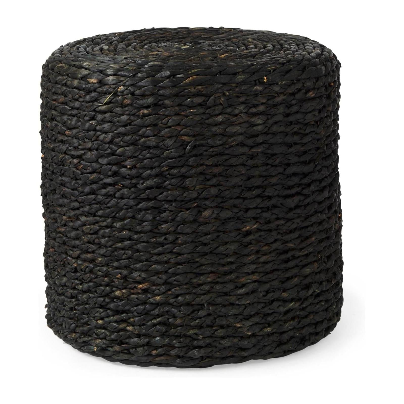 Mercana Dina Black Cornhusk and Water Hyacinth Round Pouf