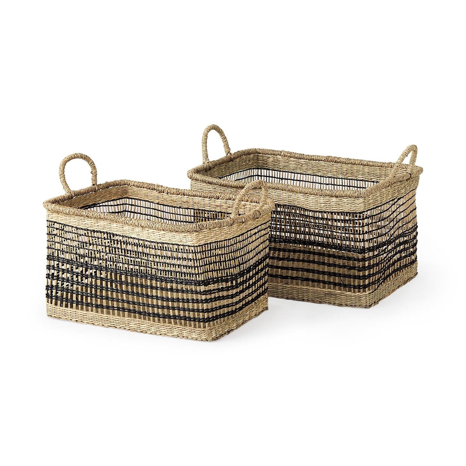 Mercana Nia Light Brown Seagrass Rectangular Basket with Handles- Set of 2