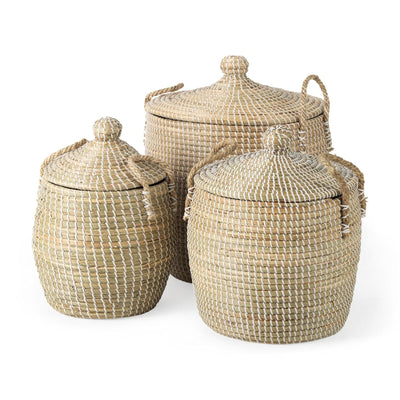 Mercana Olivia Beige Seagrass Basket W/Lid and Handles - Set of 3
