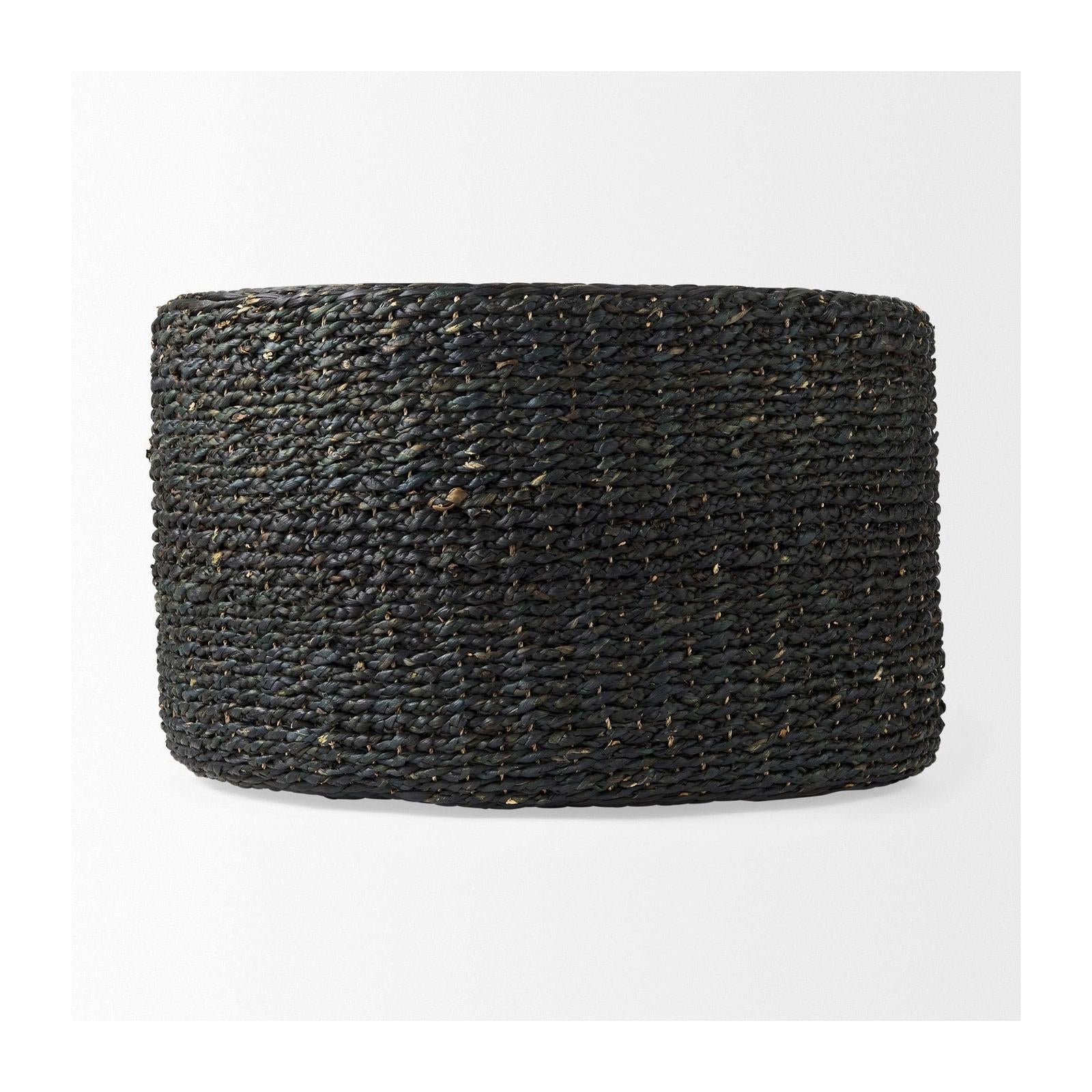 Mercana Dina Black Cornhusk and Water Hyacinth Round Pouf