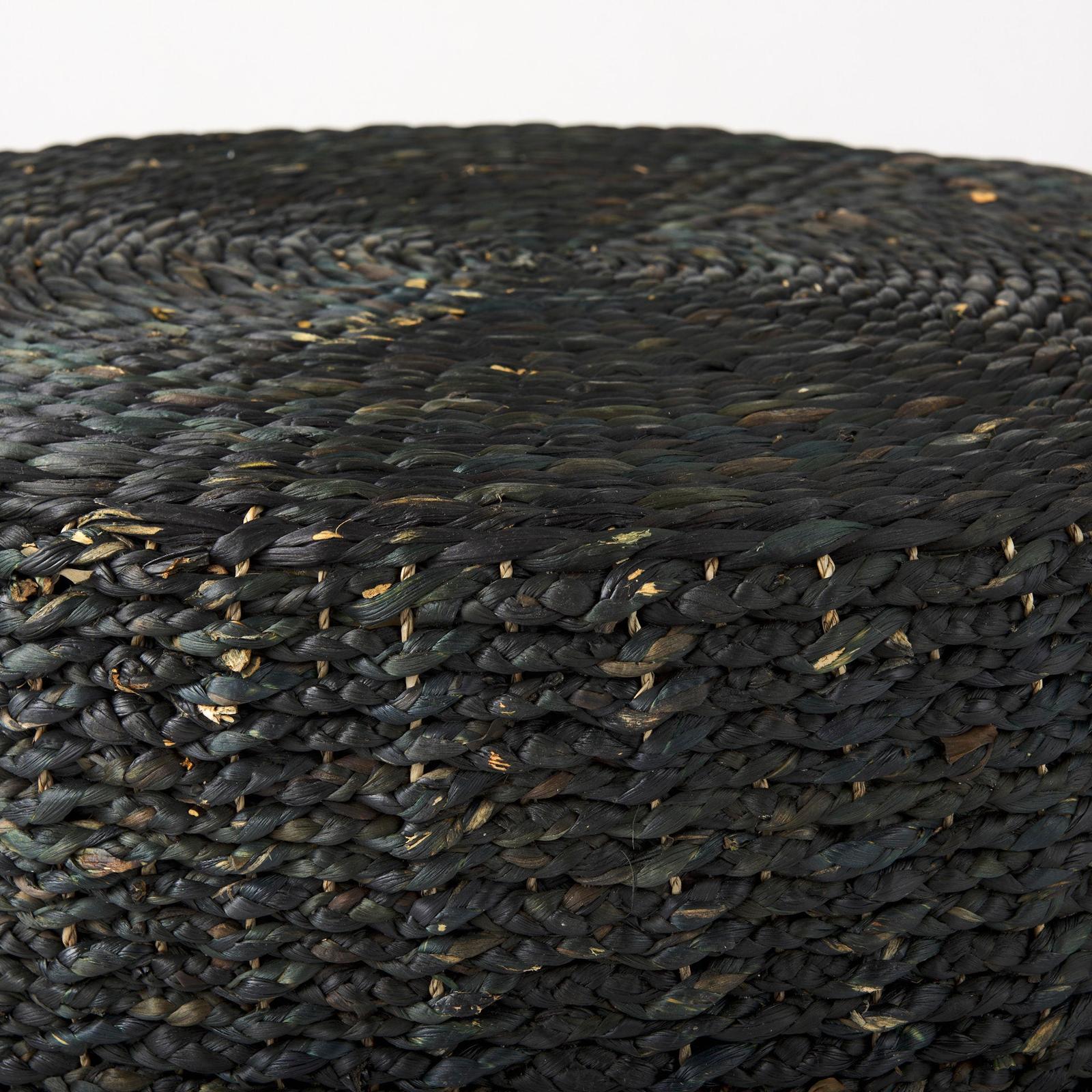 Mercana Dina Black Cornhusk and Water Hyacinth Round Pouf