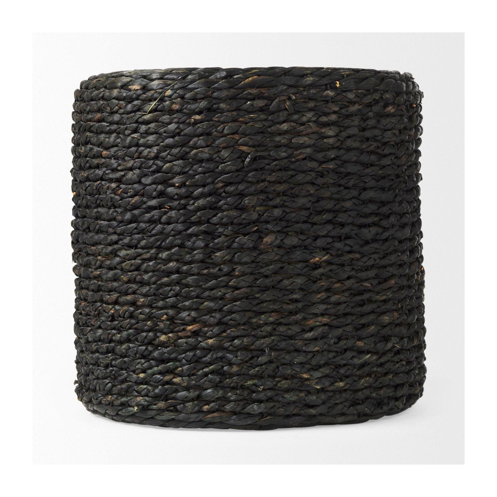 Mercana Dina Black Cornhusk and Water Hyacinth Round Pouf
