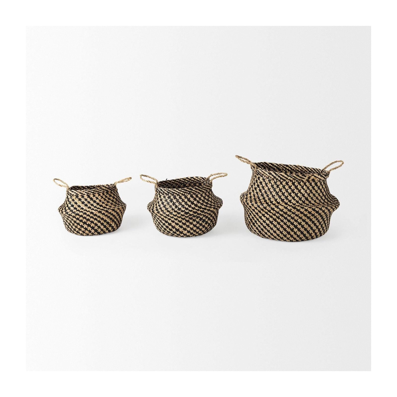 Mercana Gaia Light and Dark Brown Cross Patterend Belly Seagrass Basket-Set of 3 Clearance