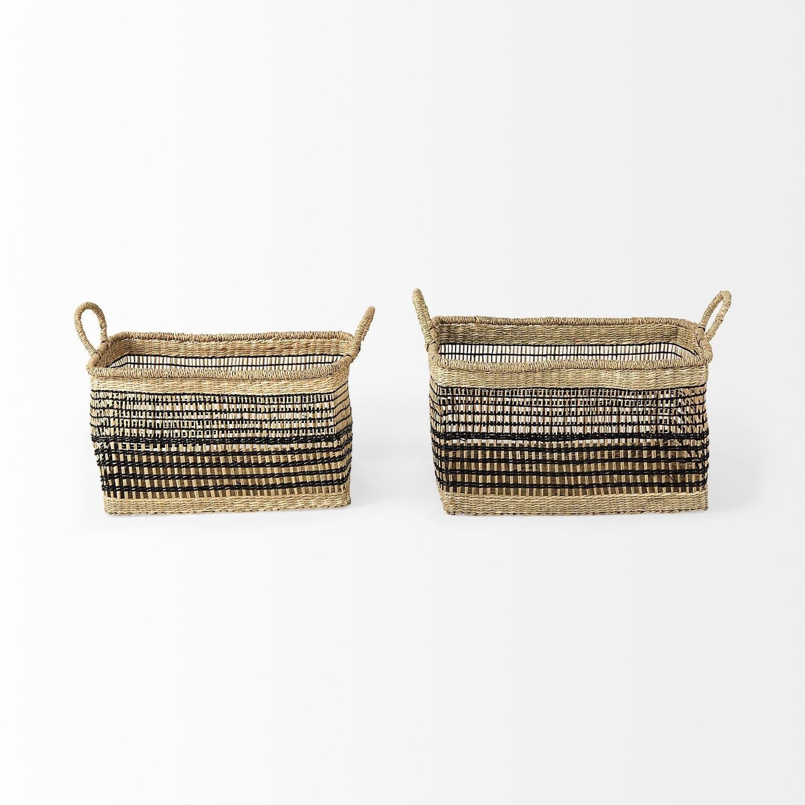 Mercana Nia Light Brown Seagrass Rectangular Basket with Handles- Set of 2