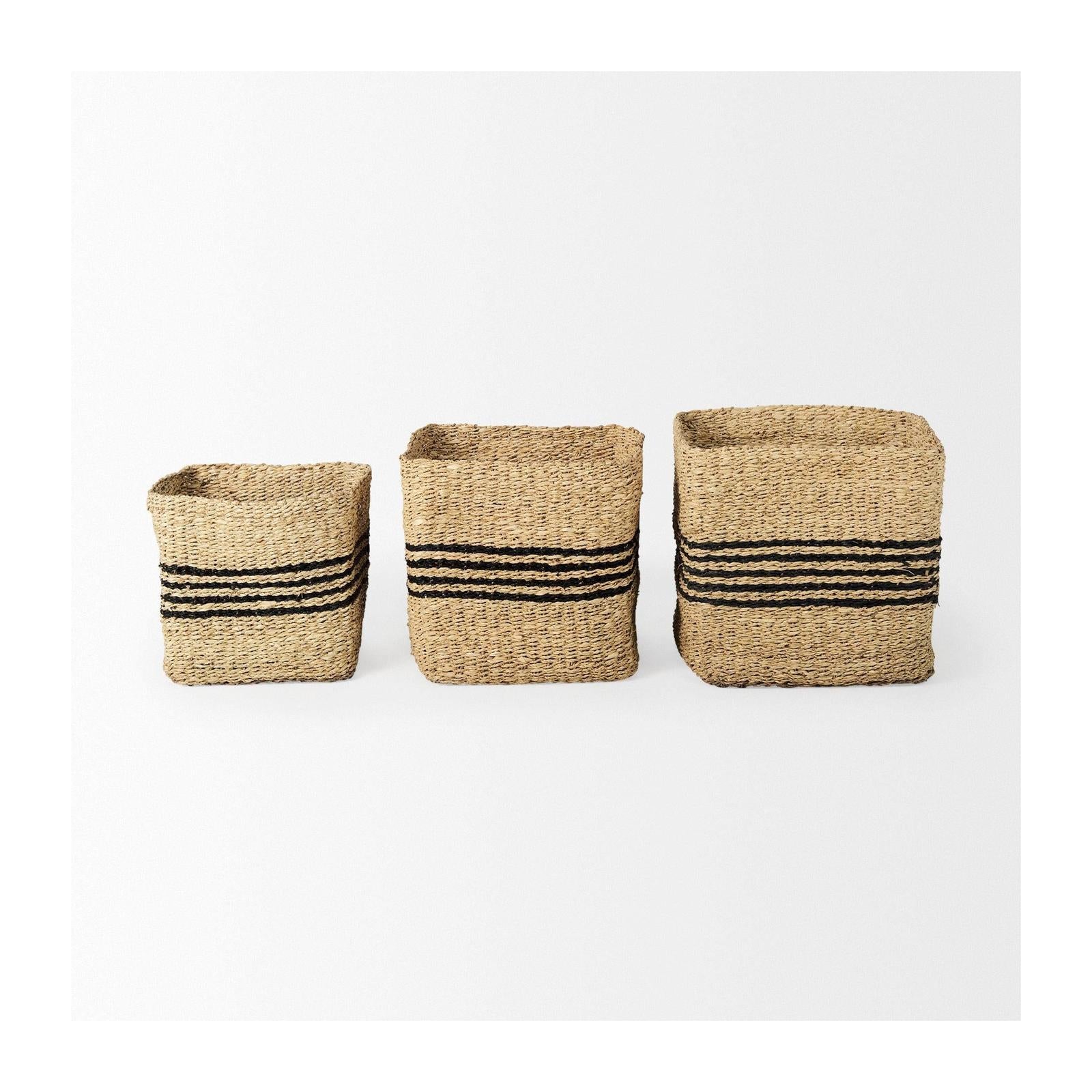 Mercana Cullen Grey Twisted Seagrass Square Basket-Set of 3 Clearance