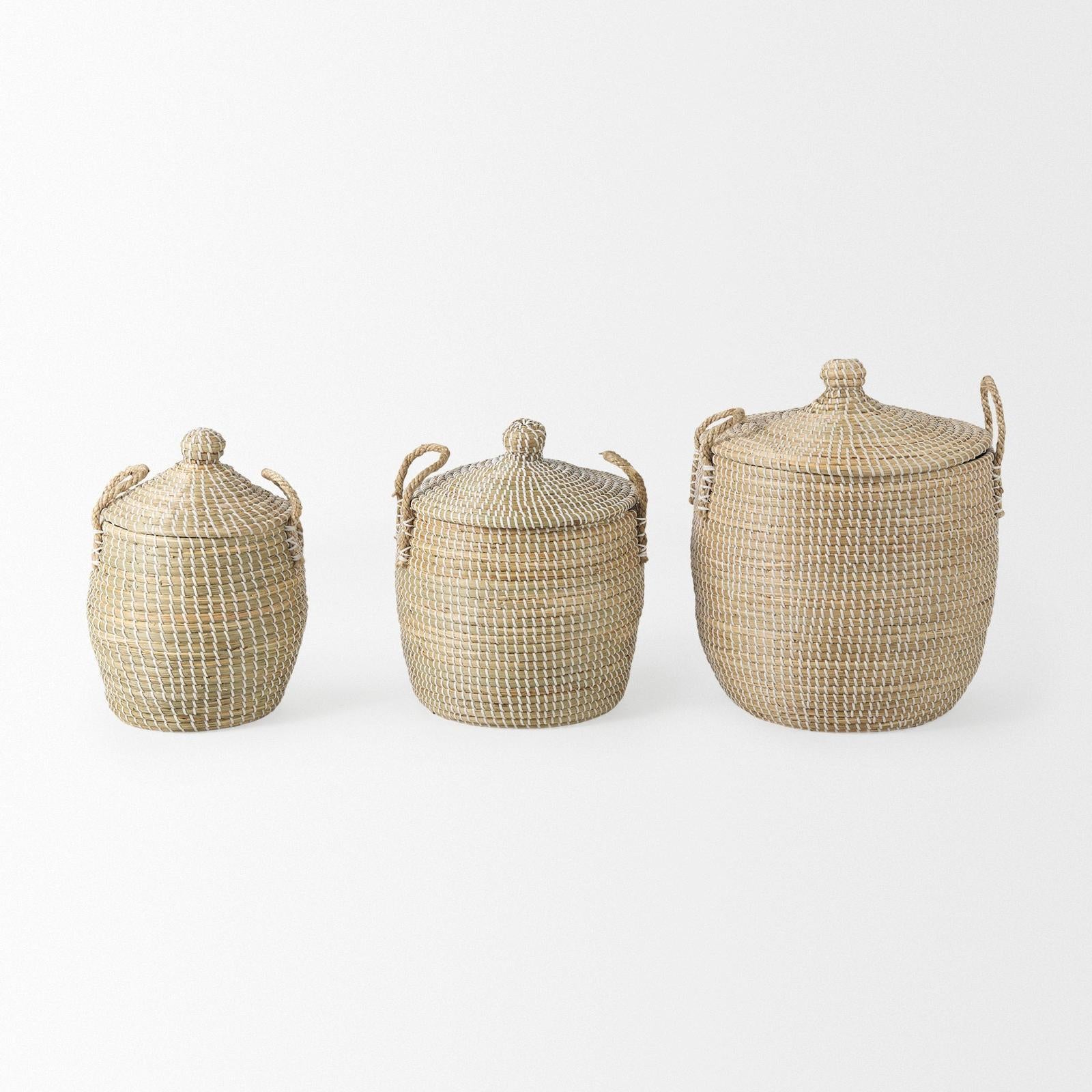 Mercana Olivia Beige Seagrass Basket W/Lid and Handles - Set of 3
