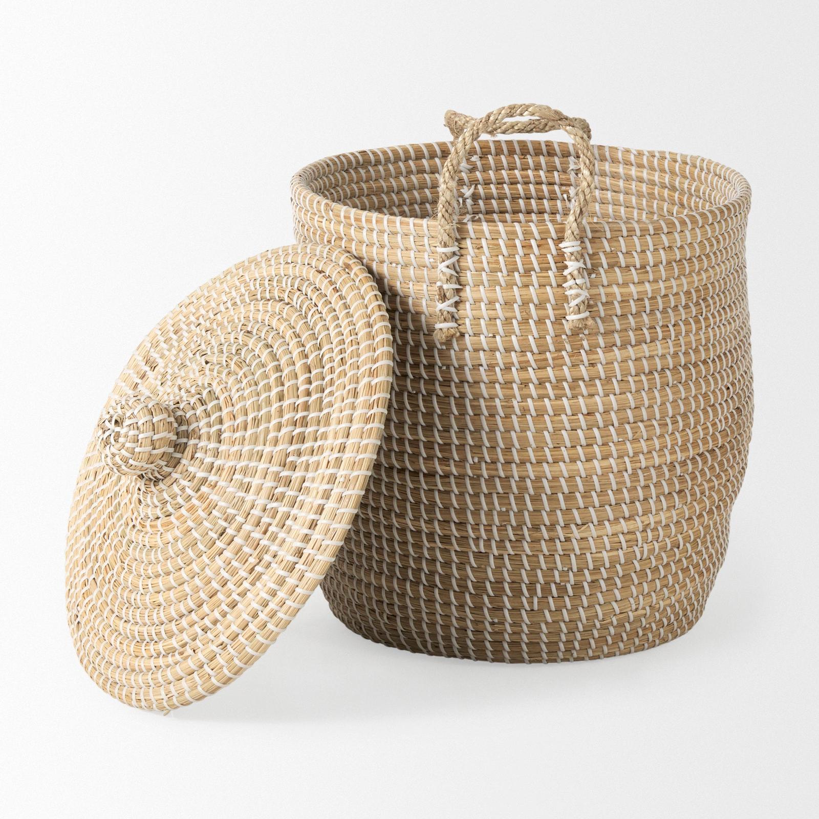 Mercana Olivia Beige Seagrass Basket W/Lid and Handles - Set of 3