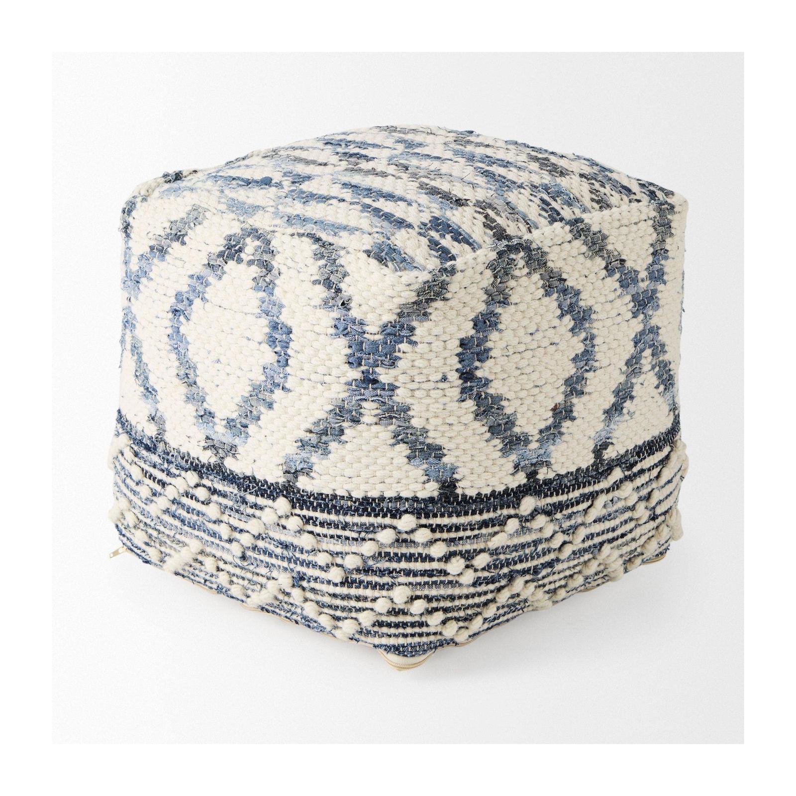 Mercana Eshana Cream Wool and Denim Patterned Pouf