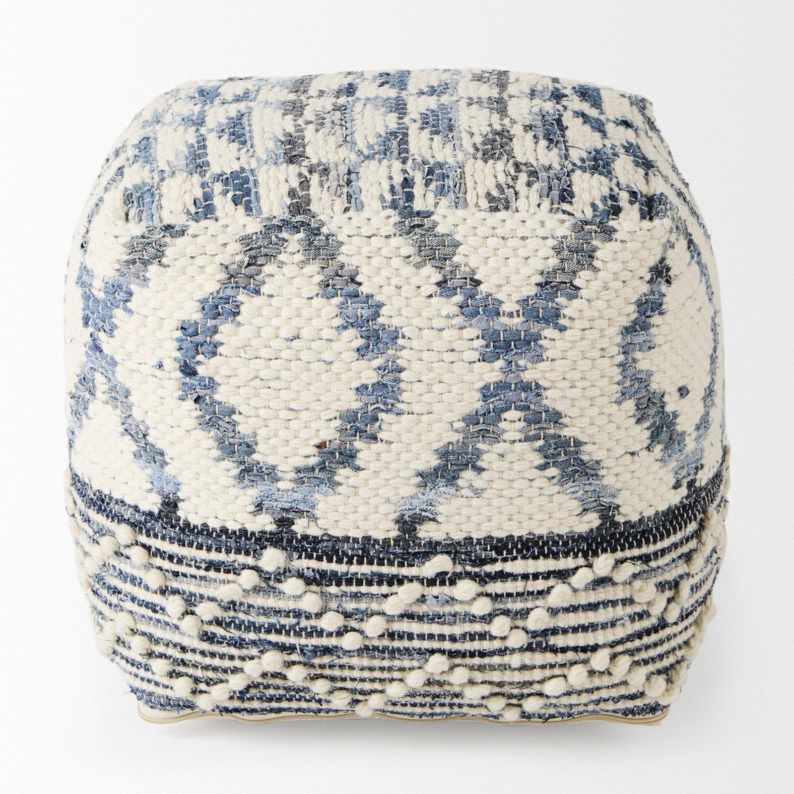 Mercana Eshana Cream Wool and Denim Patterned Pouf