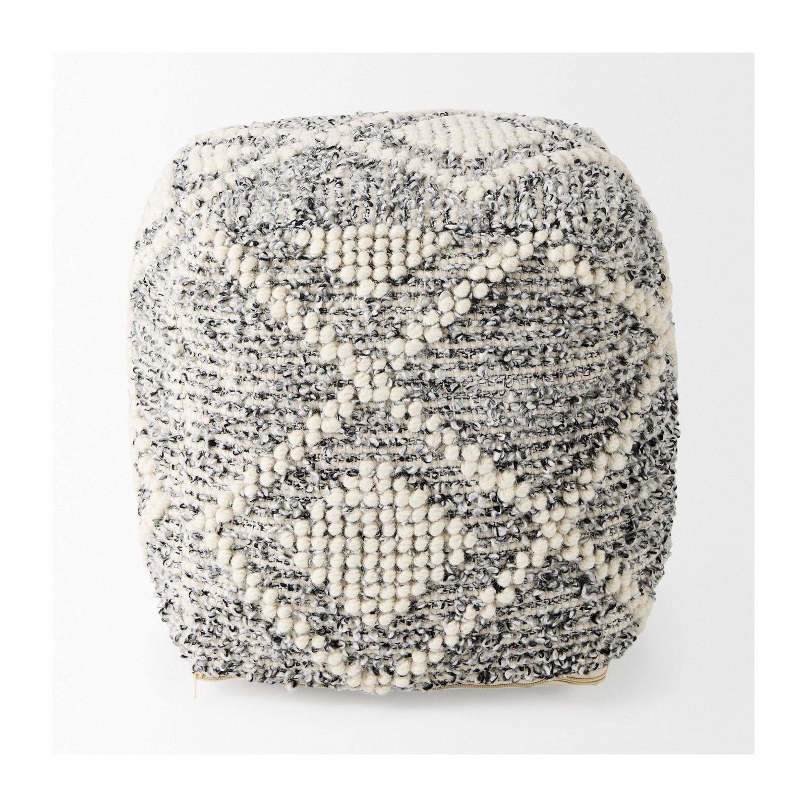 Mercana Ekiya Black/White Yarn and Wool Patterened Pouf